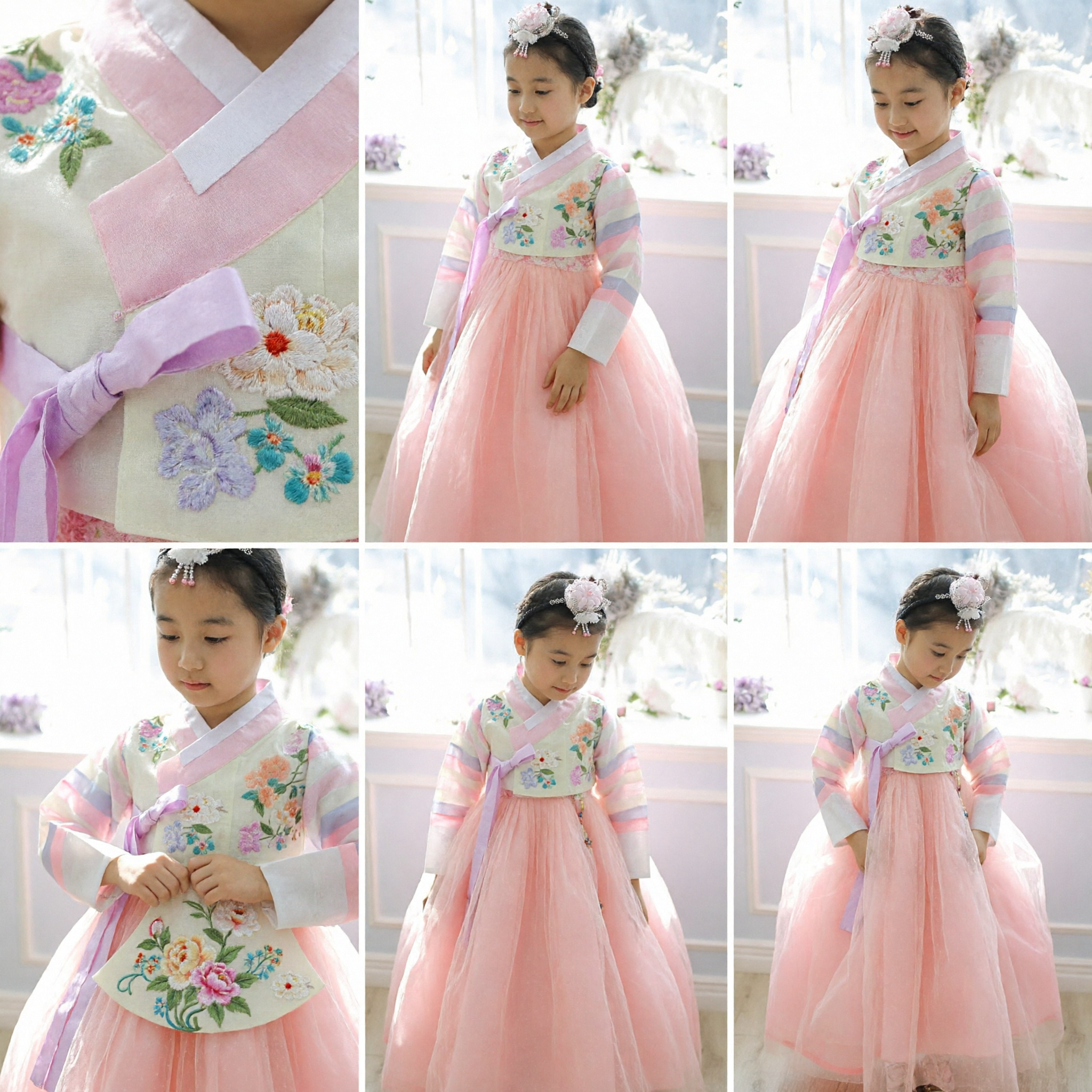 Kids Korean Hanbok Pink Floral Embroidery Traditional Dress Girls Tulle Skirt Party Wedding Costume
