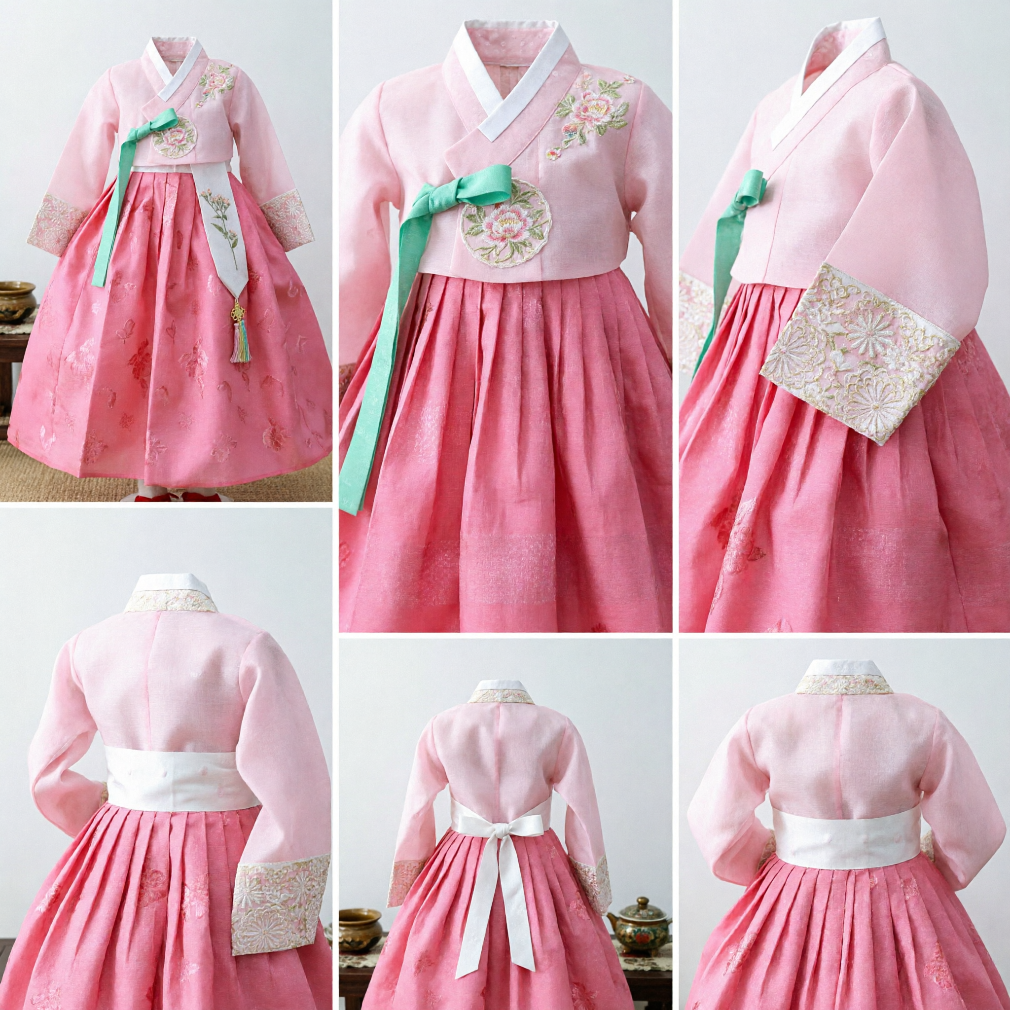 Traditional Korean Hanbok Dress for Girls Pink Lace Trim Formal Costume Set for Wedding Party