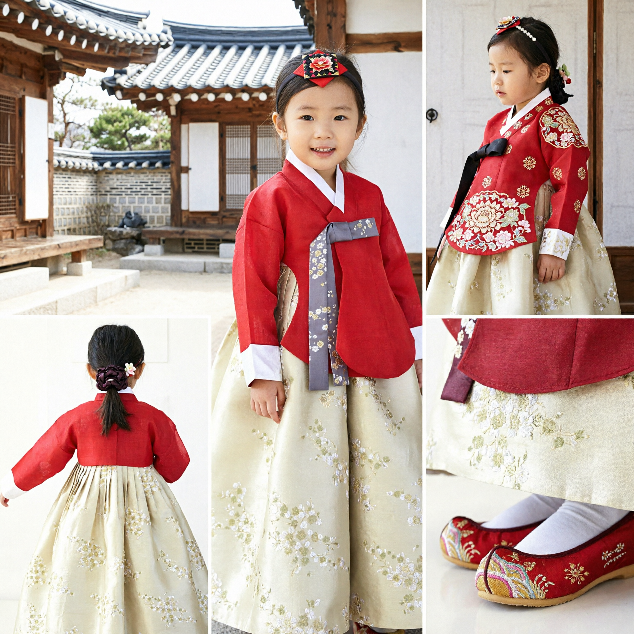 Girls Korean Traditional Hanbok Costume Red Top and Cream Floral Skirt for Wedding Party