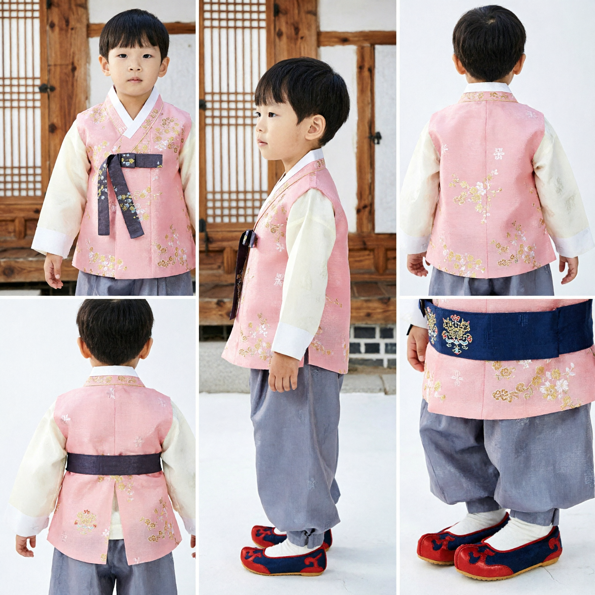 Boys Traditional Korean Hanbok Set Pink Floral Vest Grey Pants Kids Doljanchi Wedding Festival Costume