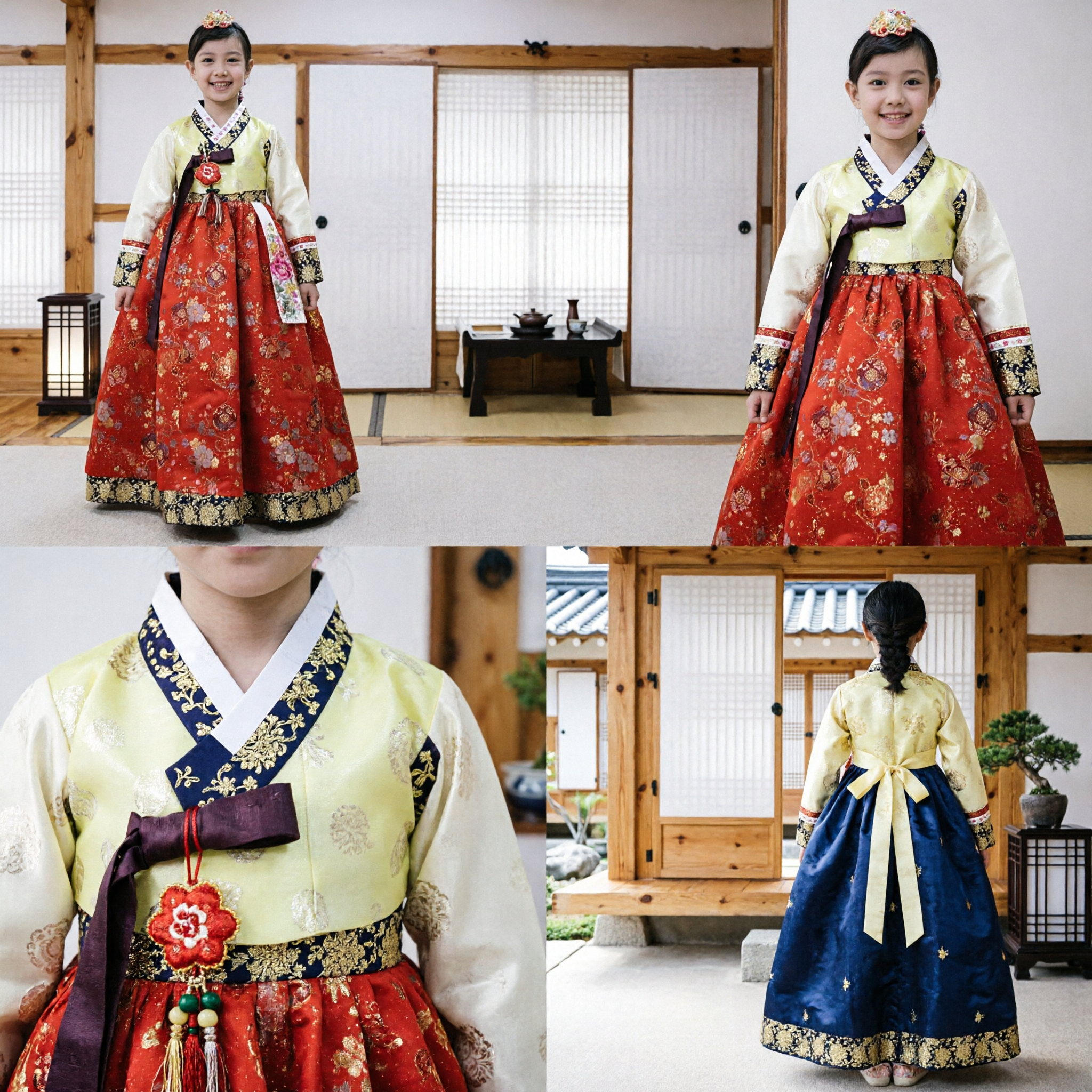 Traditional Korean Hanbok for Girls Kids Red Floral Skirt Yellow Top Costume for Festivals