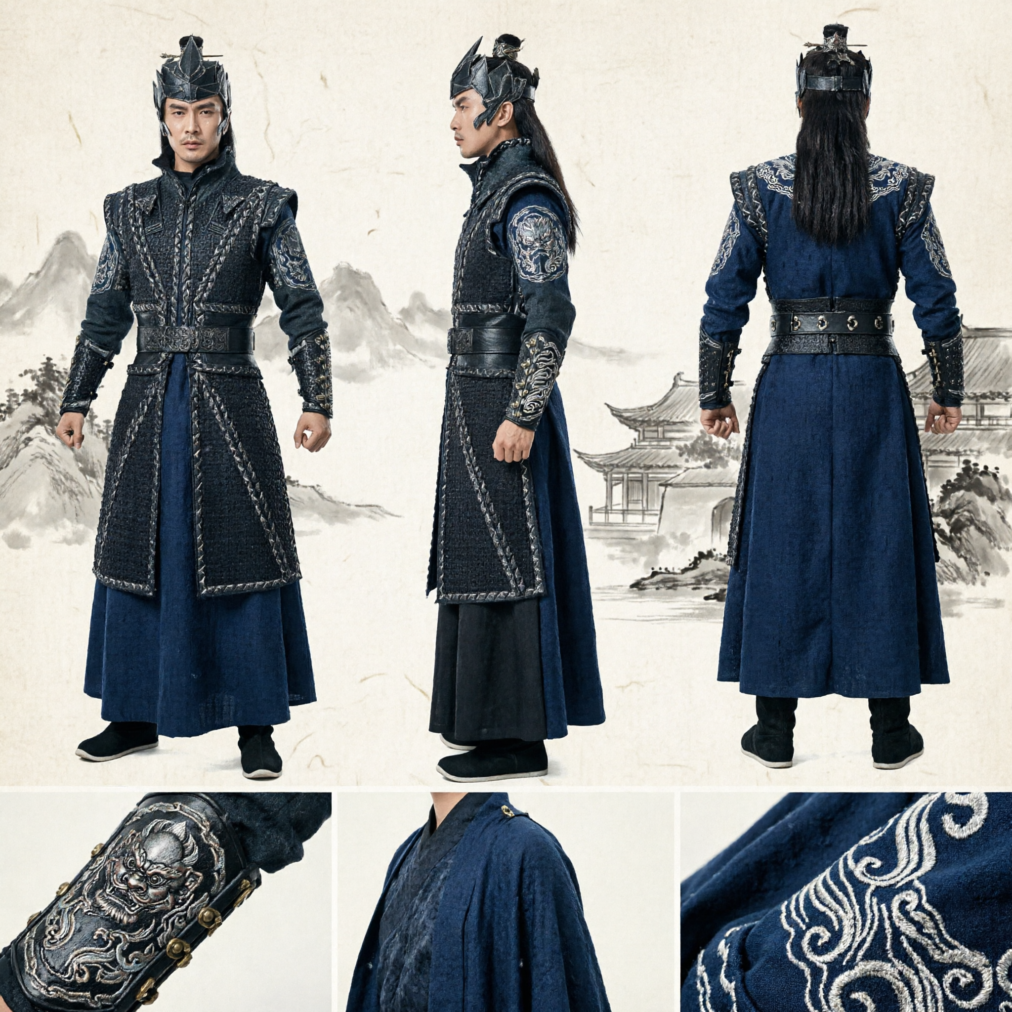 Ancient Chinese Warrior General Black Armor Cosplay Costume Men's Traditional Hanfu Outfit for Halloween Performance