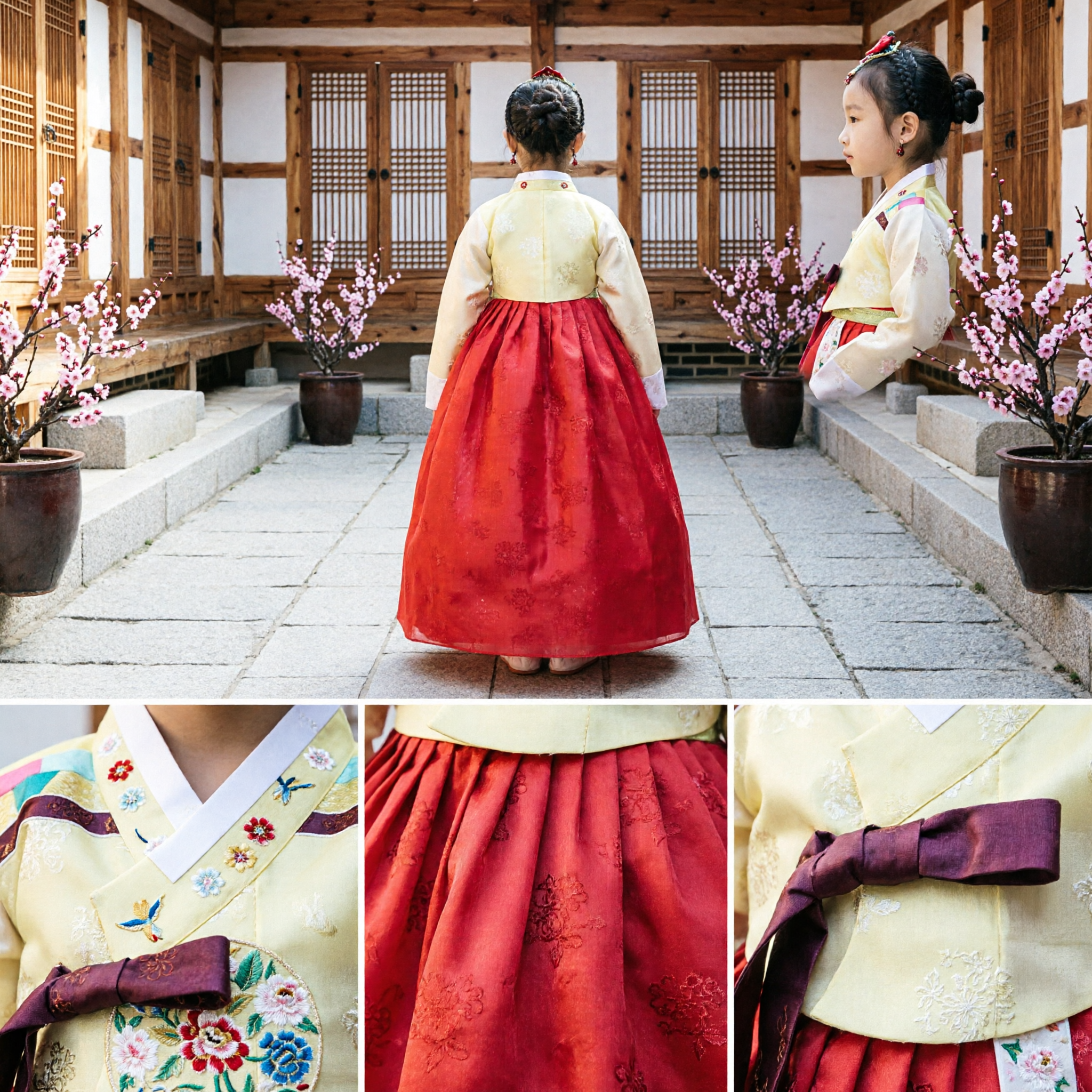 Korean Traditional Hanbok for Girls Kids Red Chima Yellow Jeogori Costume Set for Parties