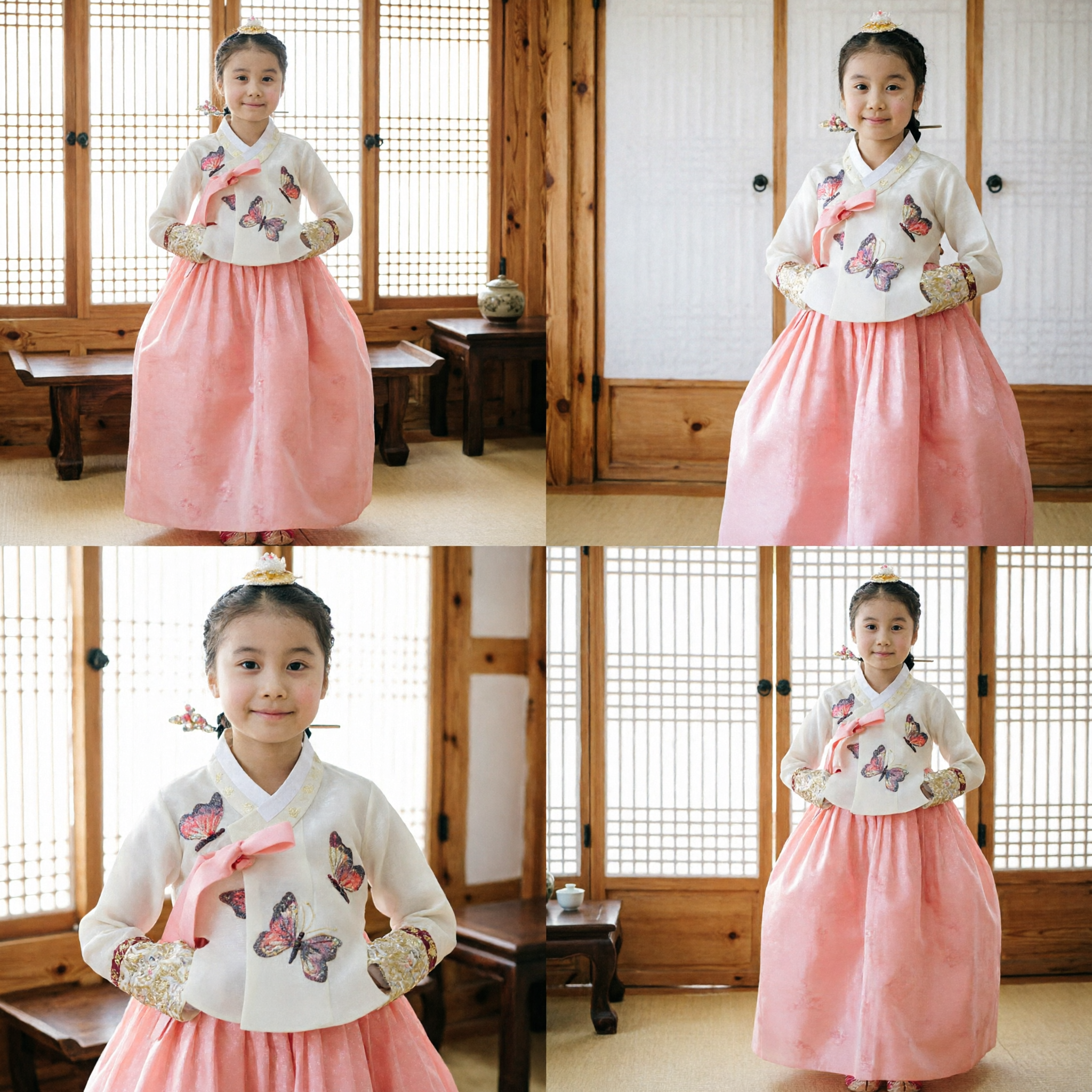 Girls Korean Traditional Hanbok Dress White Butterfly Embroidery Top Peach Skirt Kids Formal Costume