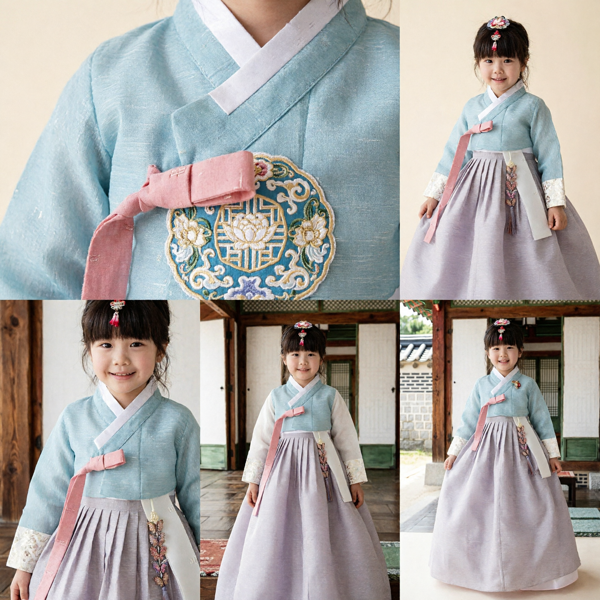 Traditional Korean Hanbok for Girls Light Blue Top and Purple Skirt Set Festival Costume