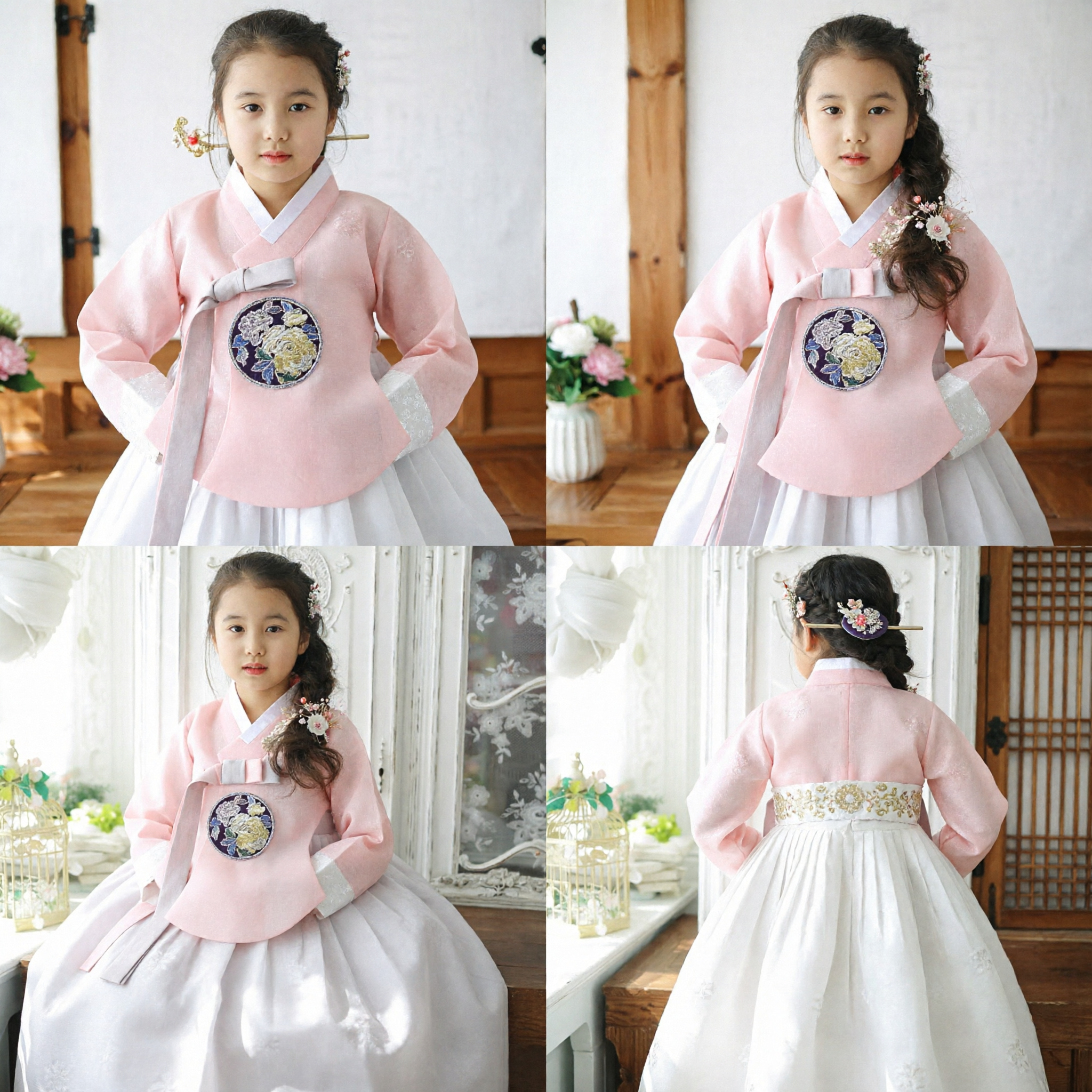 Pink and White Korean Hanbok Traditional Dress for Girls Kids Wedding Birthday Party Costume