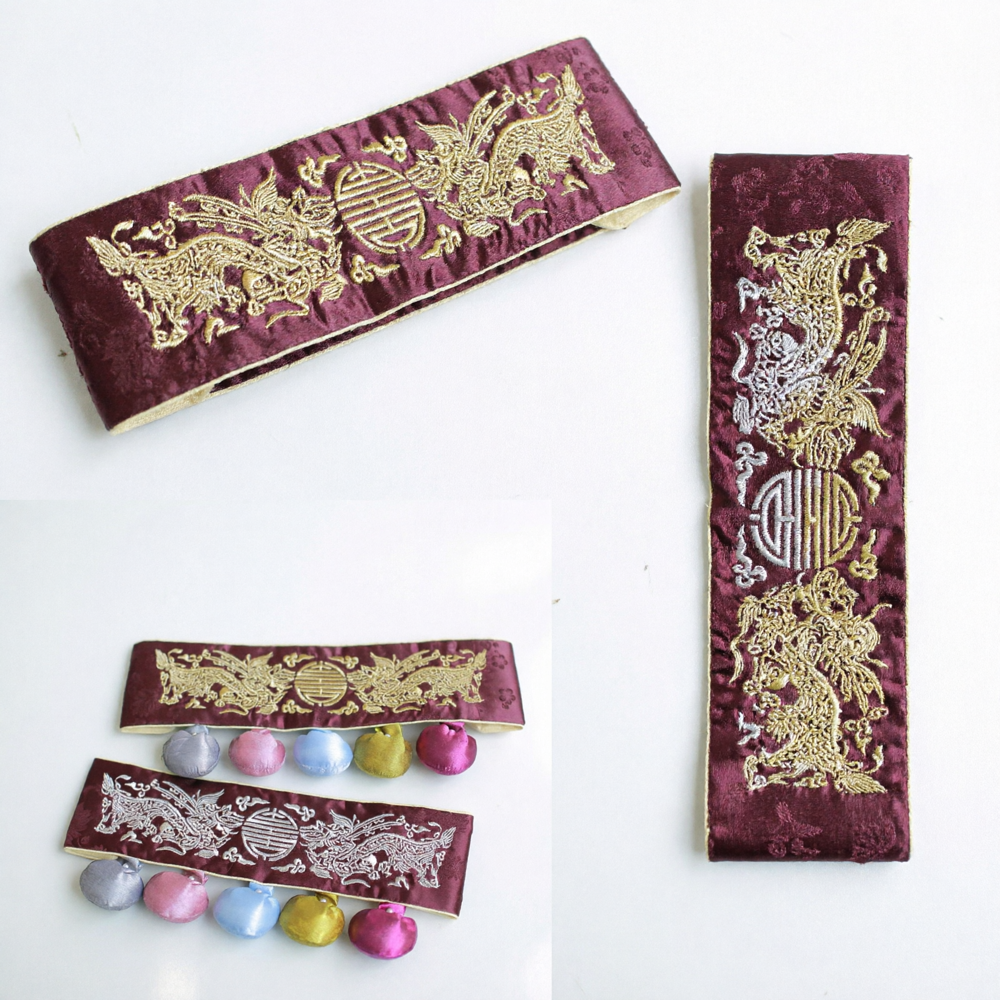 Traditional Chinese Hanfu Waist Sash Belt with Dragon Phoenix Embroidery and Silk Pouches for Women Girls Costume