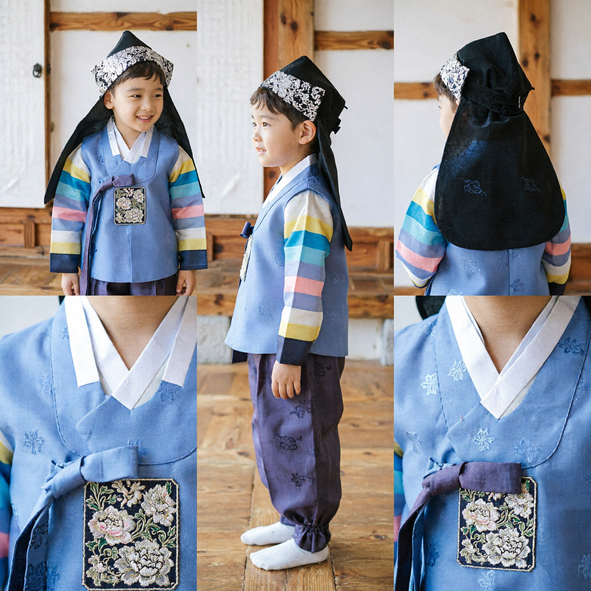 Traditional Korean Hanbok for Boys Blue Jeogori with Striped Sleeves and Hat for First Birthday