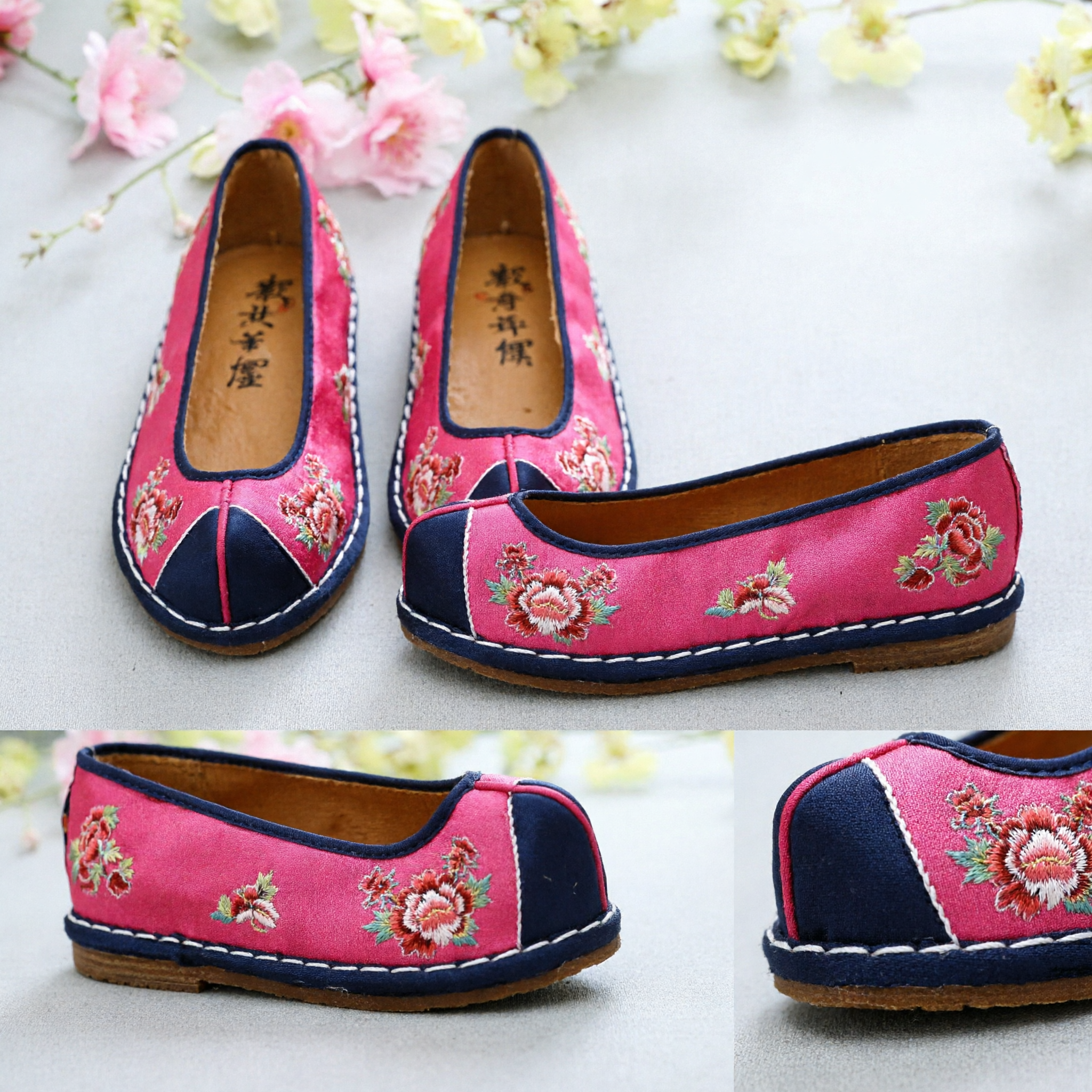 Traditional Chinese Pink Embroidered Floral Cloth Shoes for Women Ancient Manchu Hanfu Costume Accessories