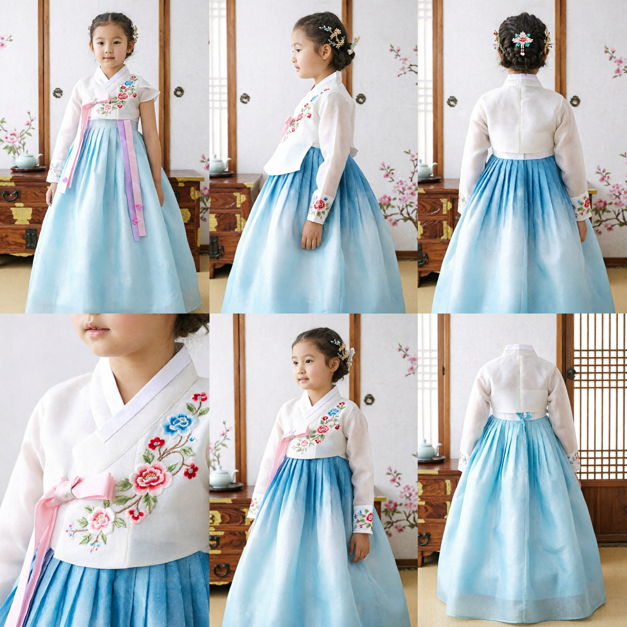 Girls Traditional Korean Hanbok Dress Blue Skirt White Lace Top Formal Party Wear for Kids