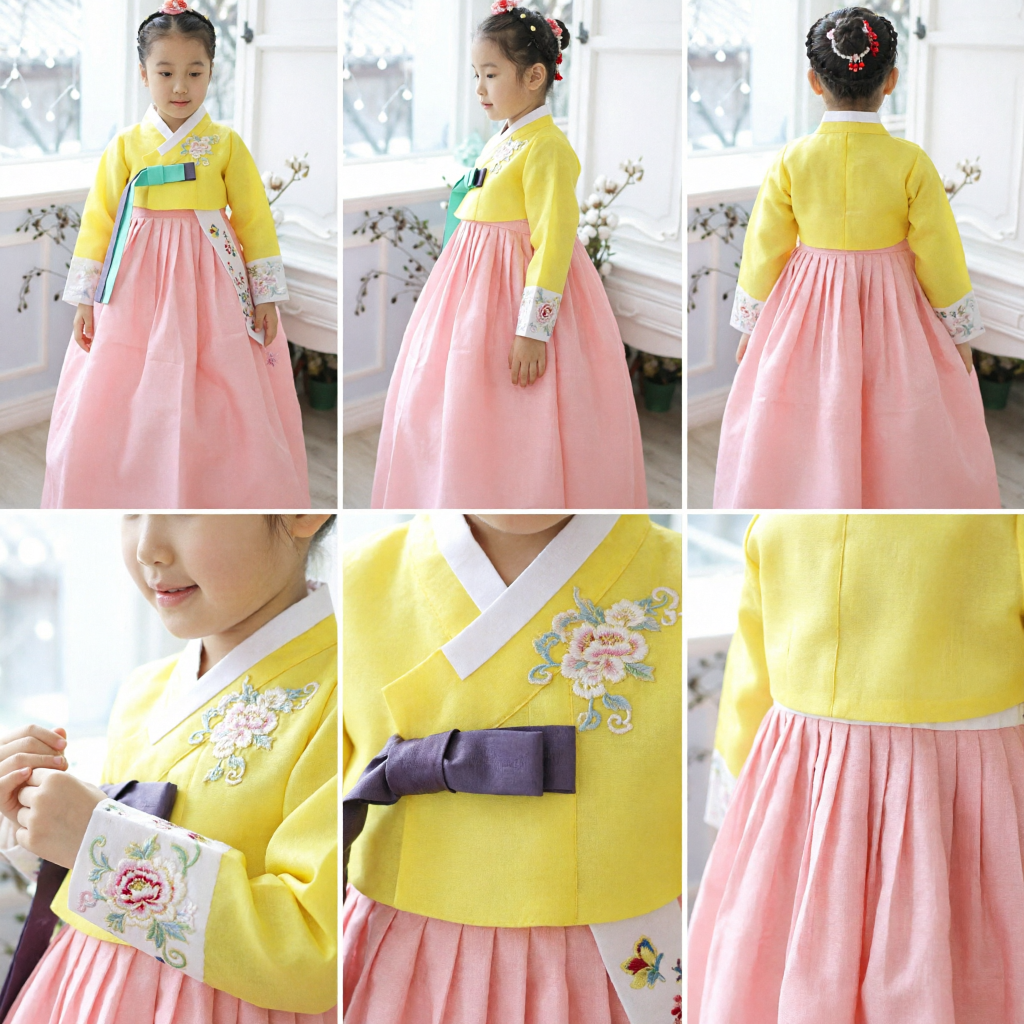 Girls Korean Traditional Hanbok Dress Yellow Top Pink Skirt Embroidered Formal Costume for Wedding Birthday Party