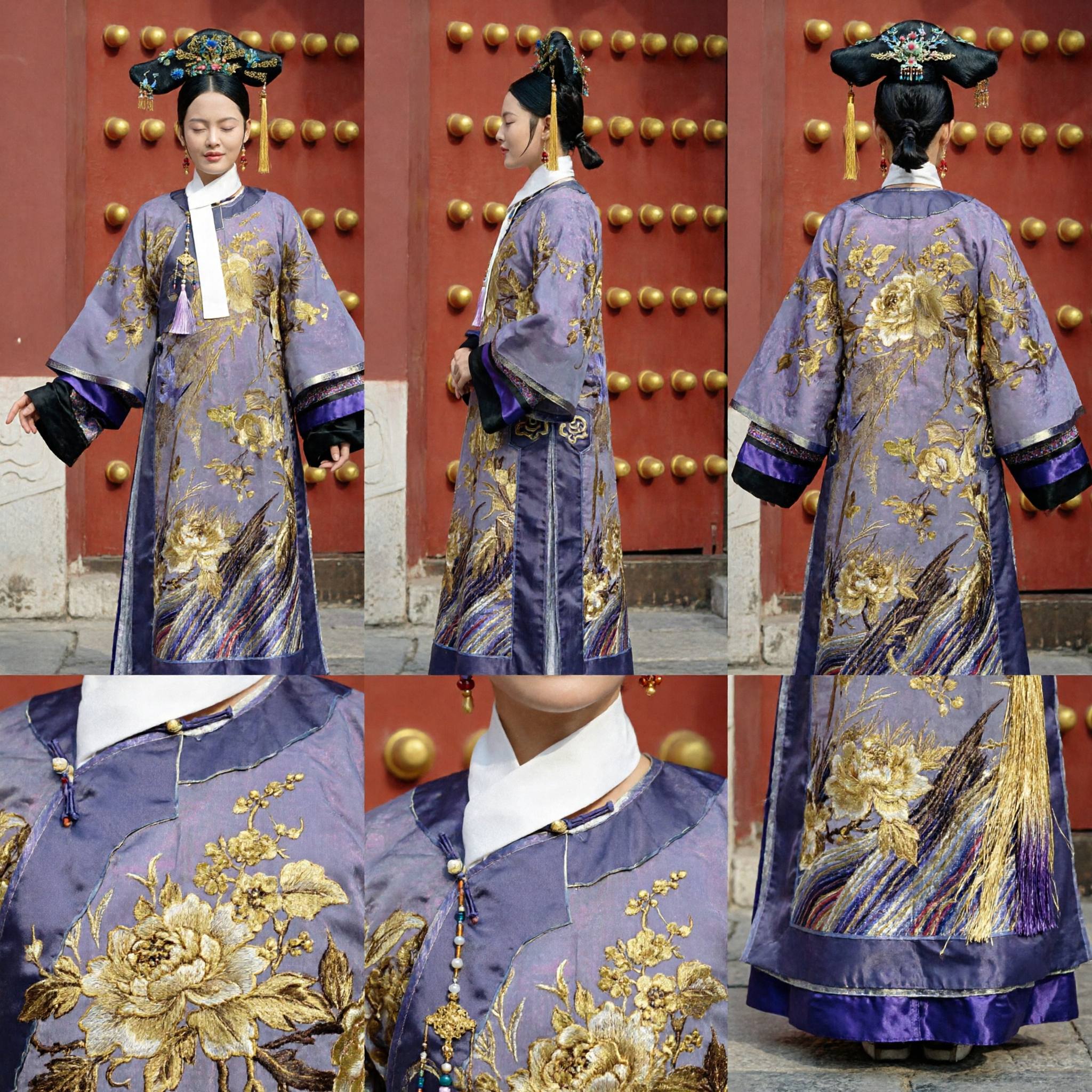 Ancient Chinese Qing Dynasty Manchu Princess Costume Purple Gold Embroidery Robe Traditional Dress for Women Cosplay