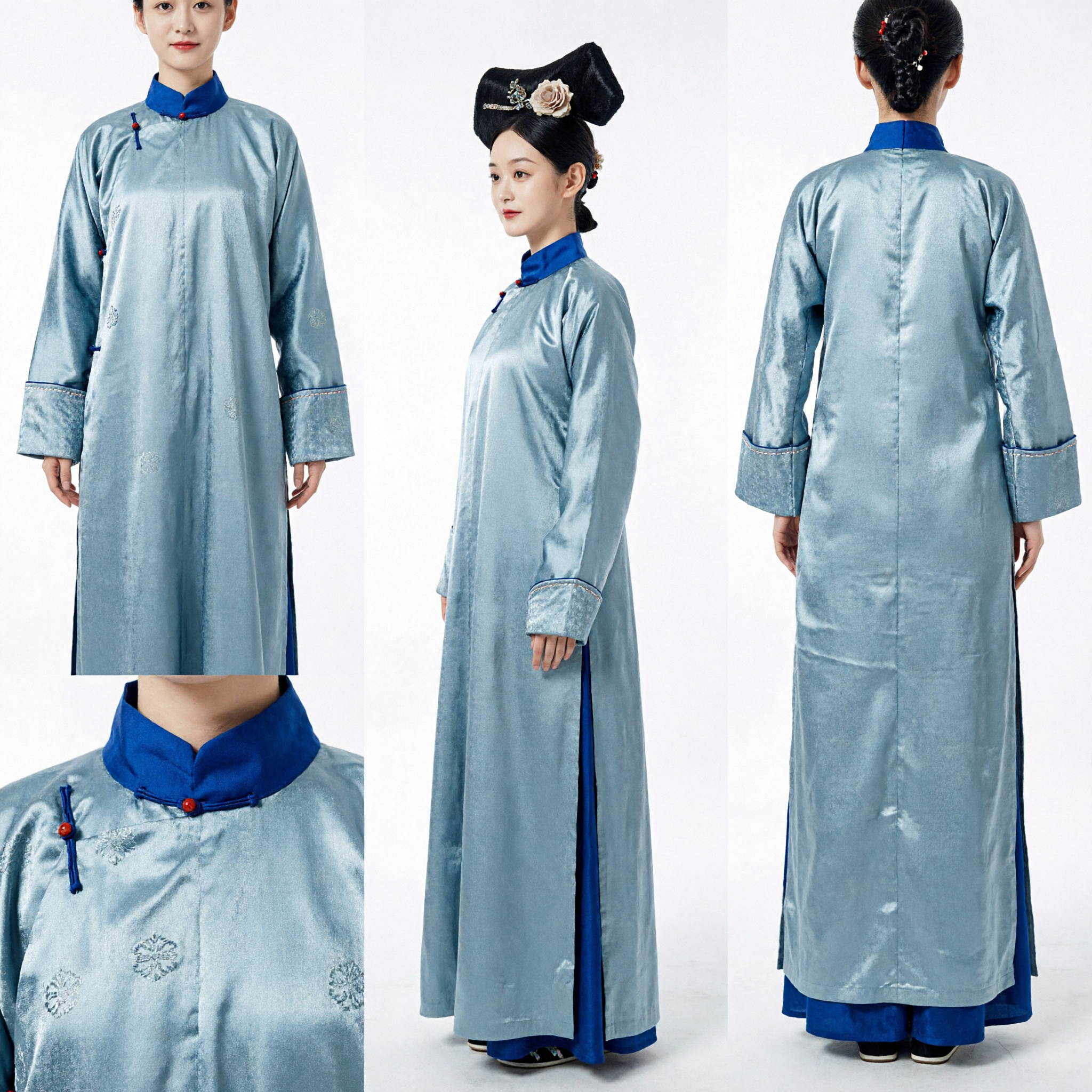 Traditional Chinese Qing Dynasty Noblewoman Costume Ancient Palace Lady Blue Robe and Headwear Set for Women