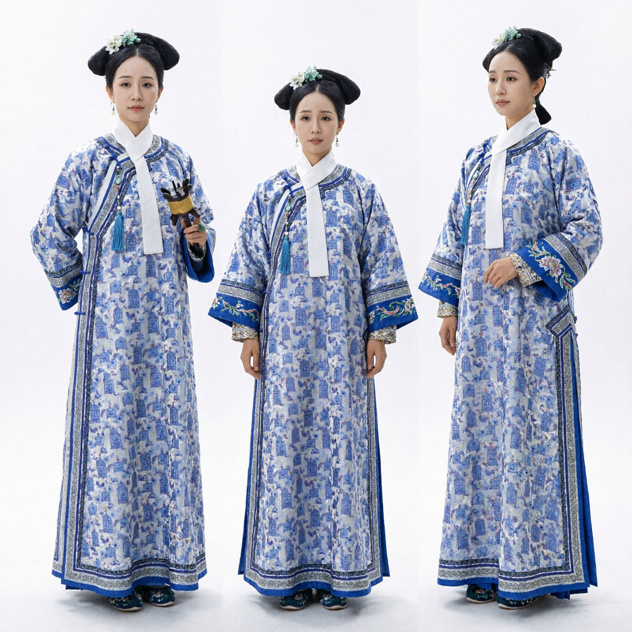 Traditional Chinese Qing Dynasty Palace Lady Costume Blue and White Patterned Manchu Dress for Women Cosplay