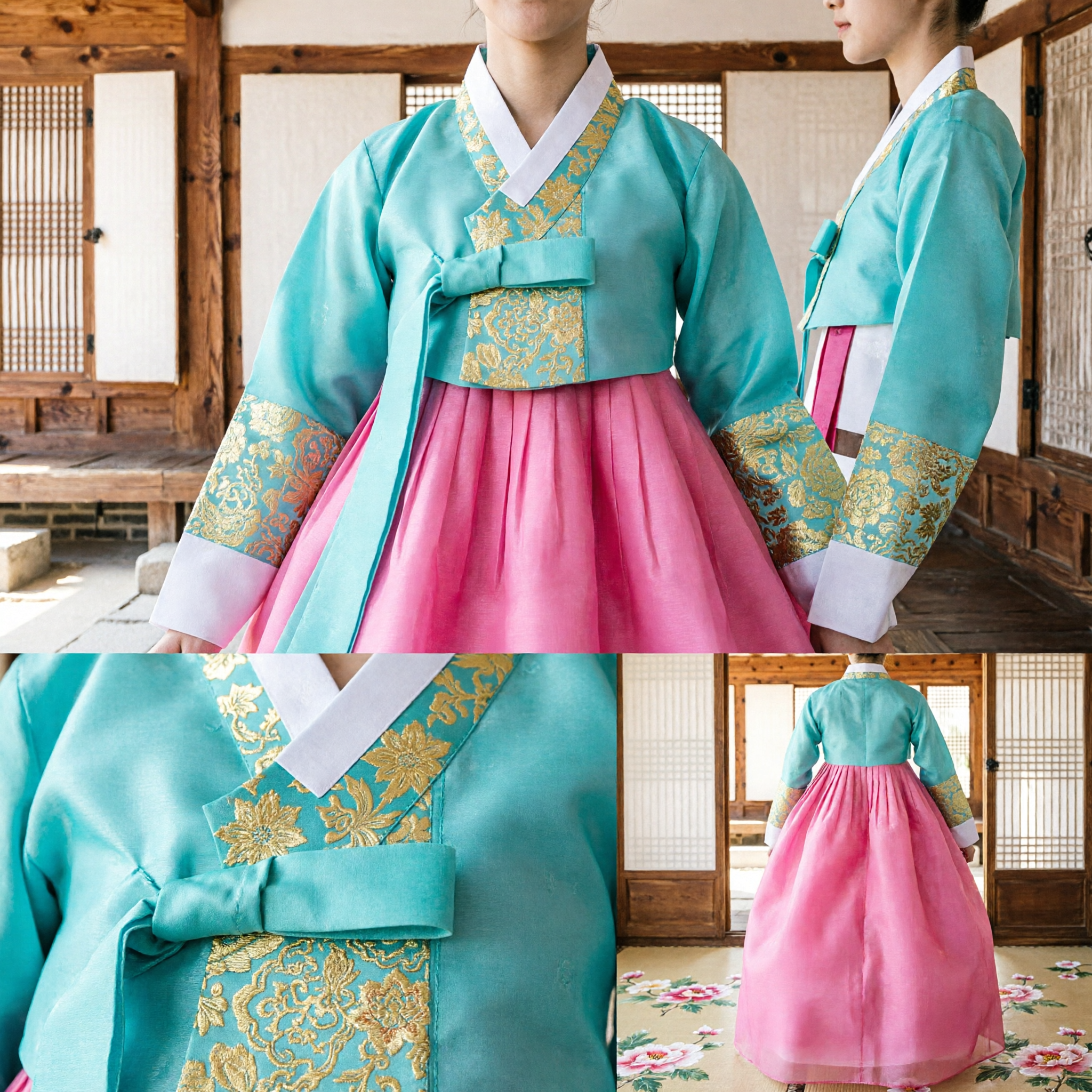 Traditional Korean Hanbok for Girls Blue and Pink Dress with Gold Trim for Birthday Wedding Festival