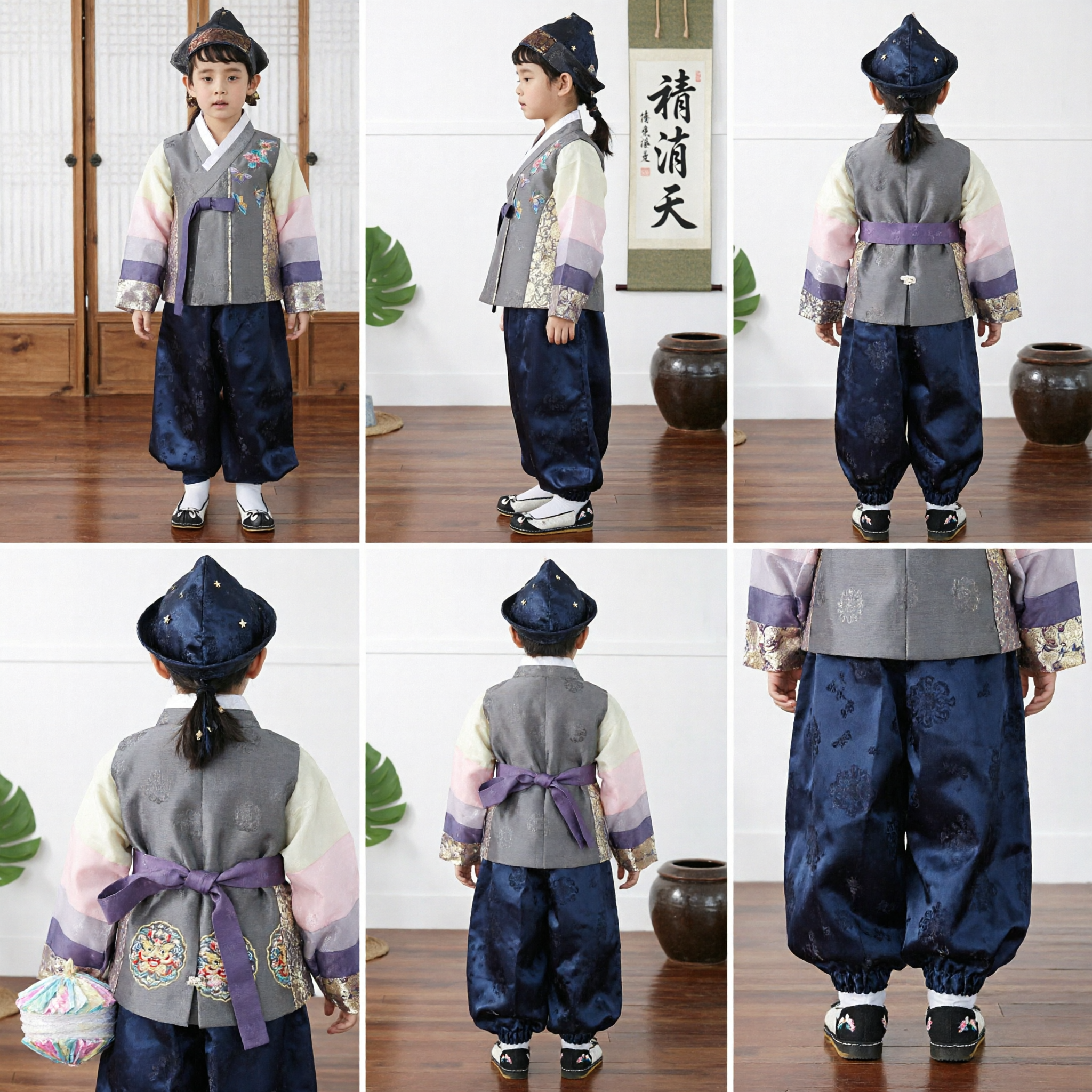 Traditional Korean Hanbok for Boys Grey Embroidered Vest Navy Pants Doljanchi Formal Costume