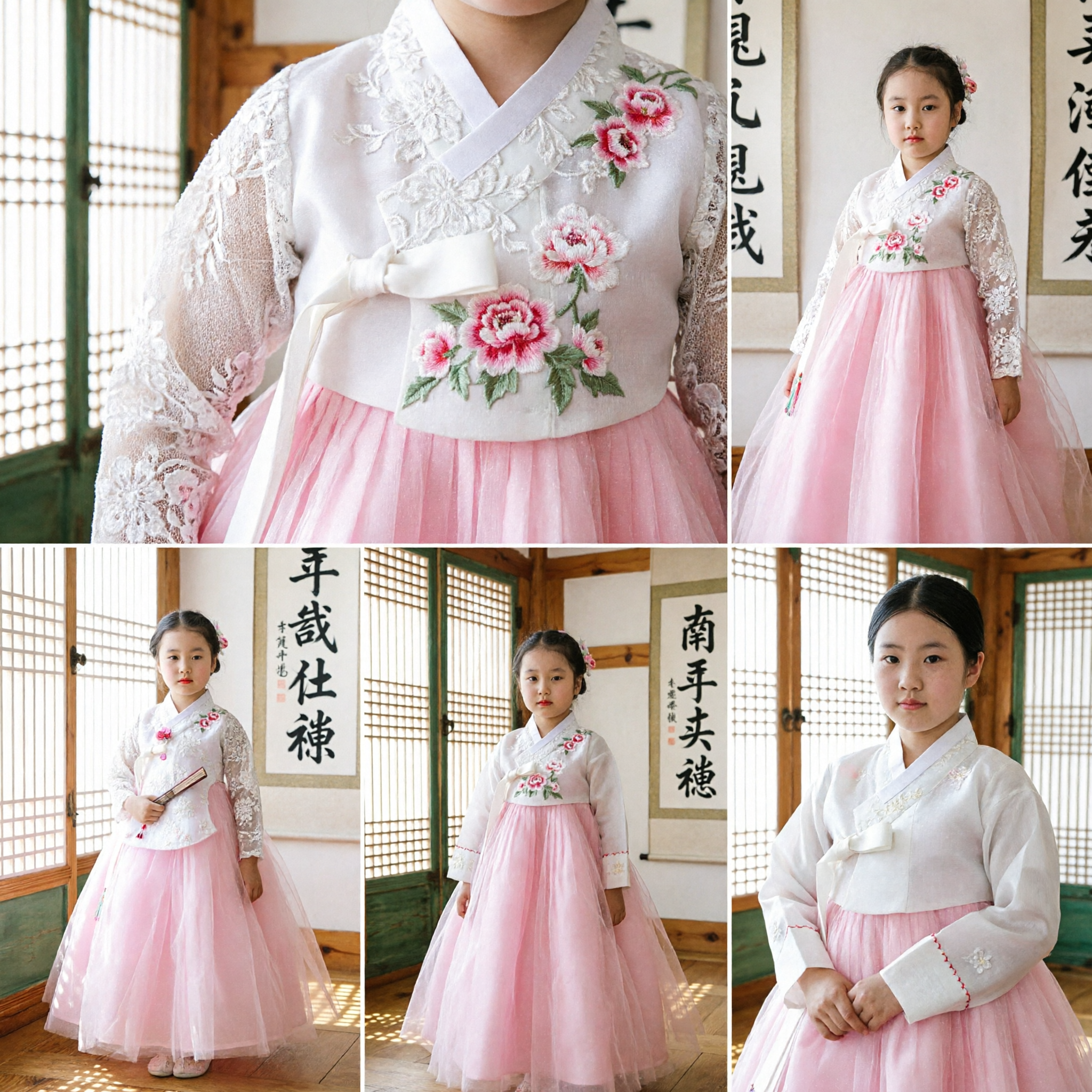 Kids Korean Traditional Hanbok Dress White Lace Top Pink Tulle Skirt for Girls Wedding Party Costume
