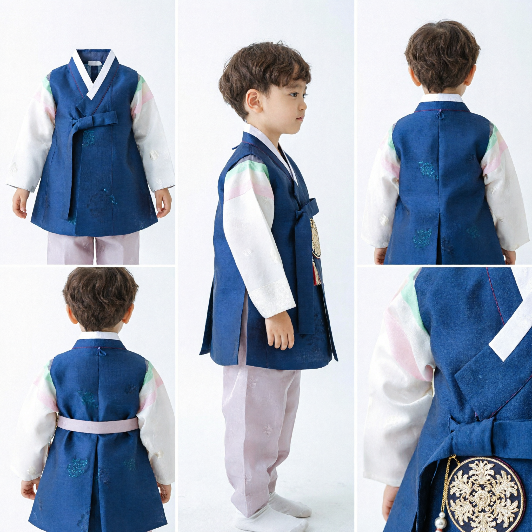 Traditional Korean Hanbok for Boys Blue Vest Pink Pants Kids Formal Costume for Wedding Dol