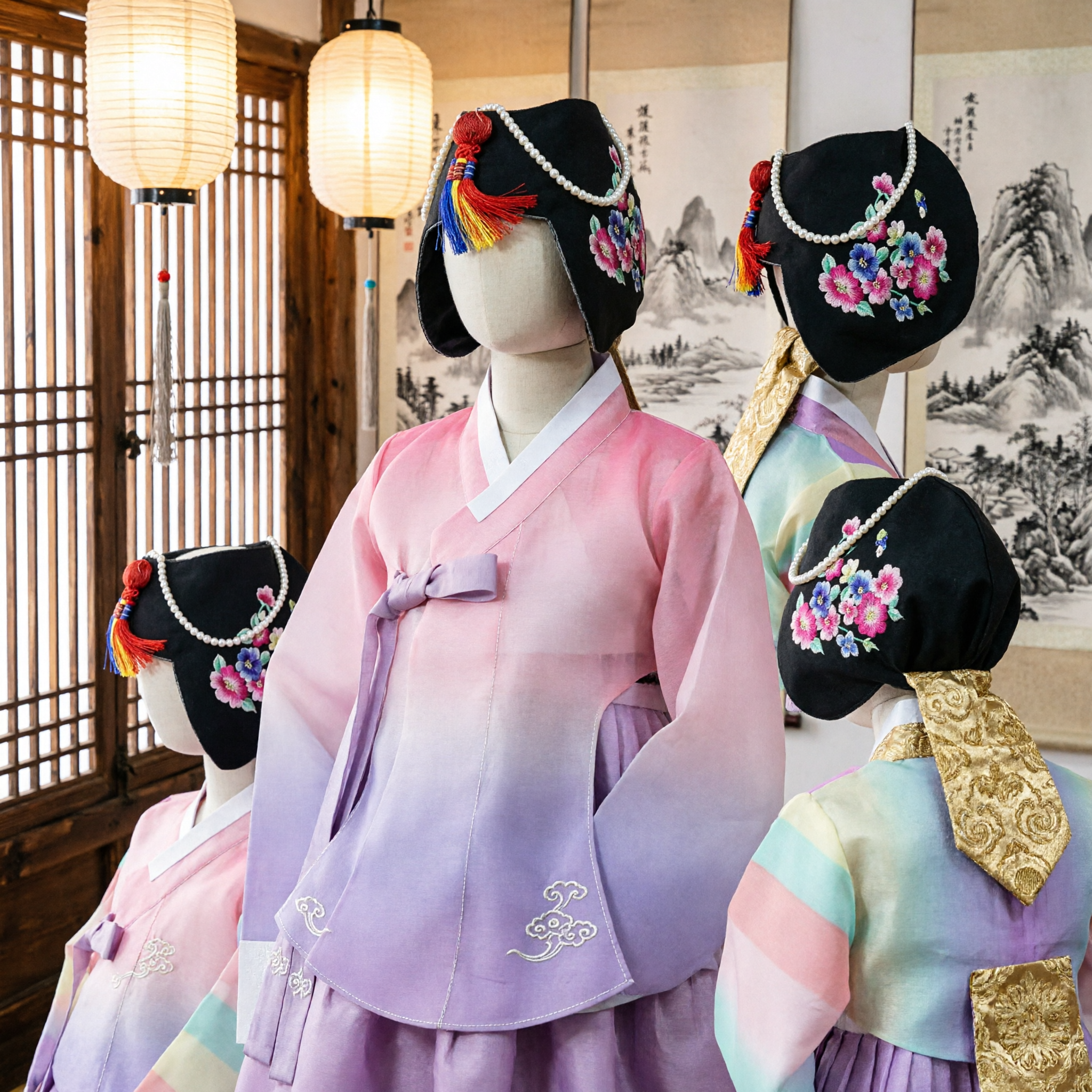 Traditional Korean Hanbok Headwear Black Velvet Hat with Floral Embroidery Pearls and Tassels for Women