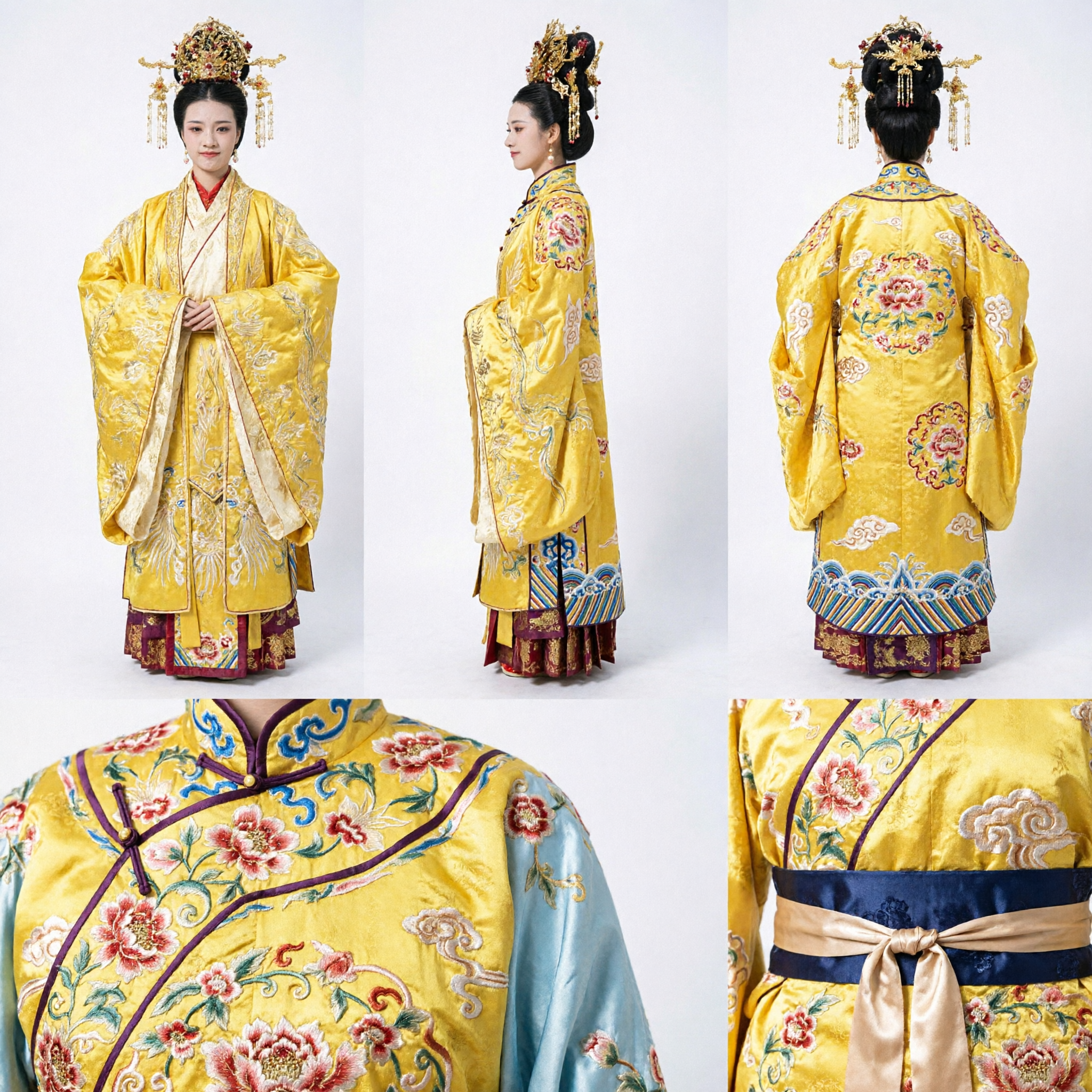 Ancient Chinese Yellow Hanfu Costume Traditional Embroidered Robe with Headdress for Women Historical Cosplay