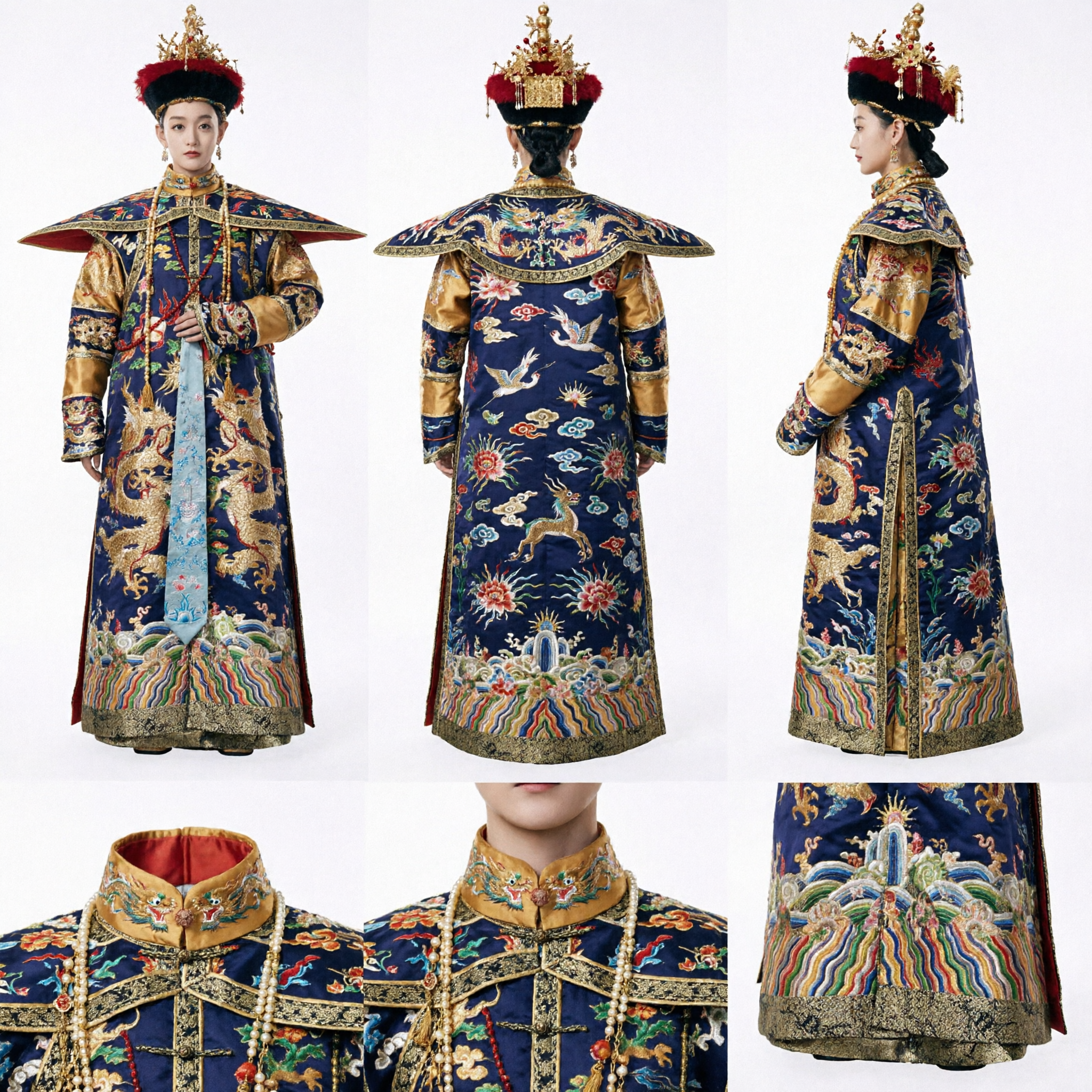 Traditional Chinese Qing Dynasty Empress Dragon Robe Chao Fu Costume with Headdress for Women Cosplay Performance