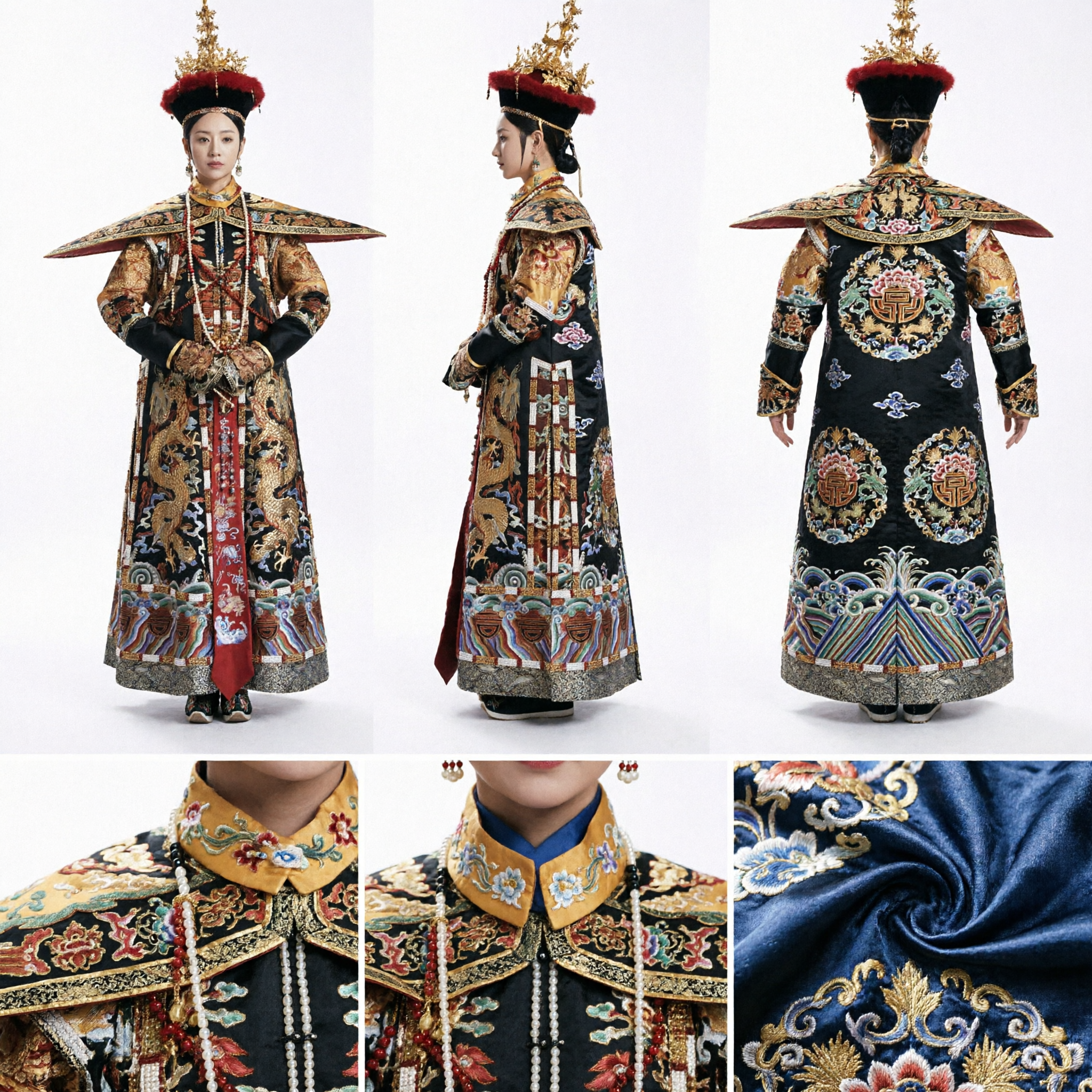 Traditional Qing Dynasty Empress Chao Fu Court Robe Deluxe Gold Embroidered Dragon Costume for Women Cosplay