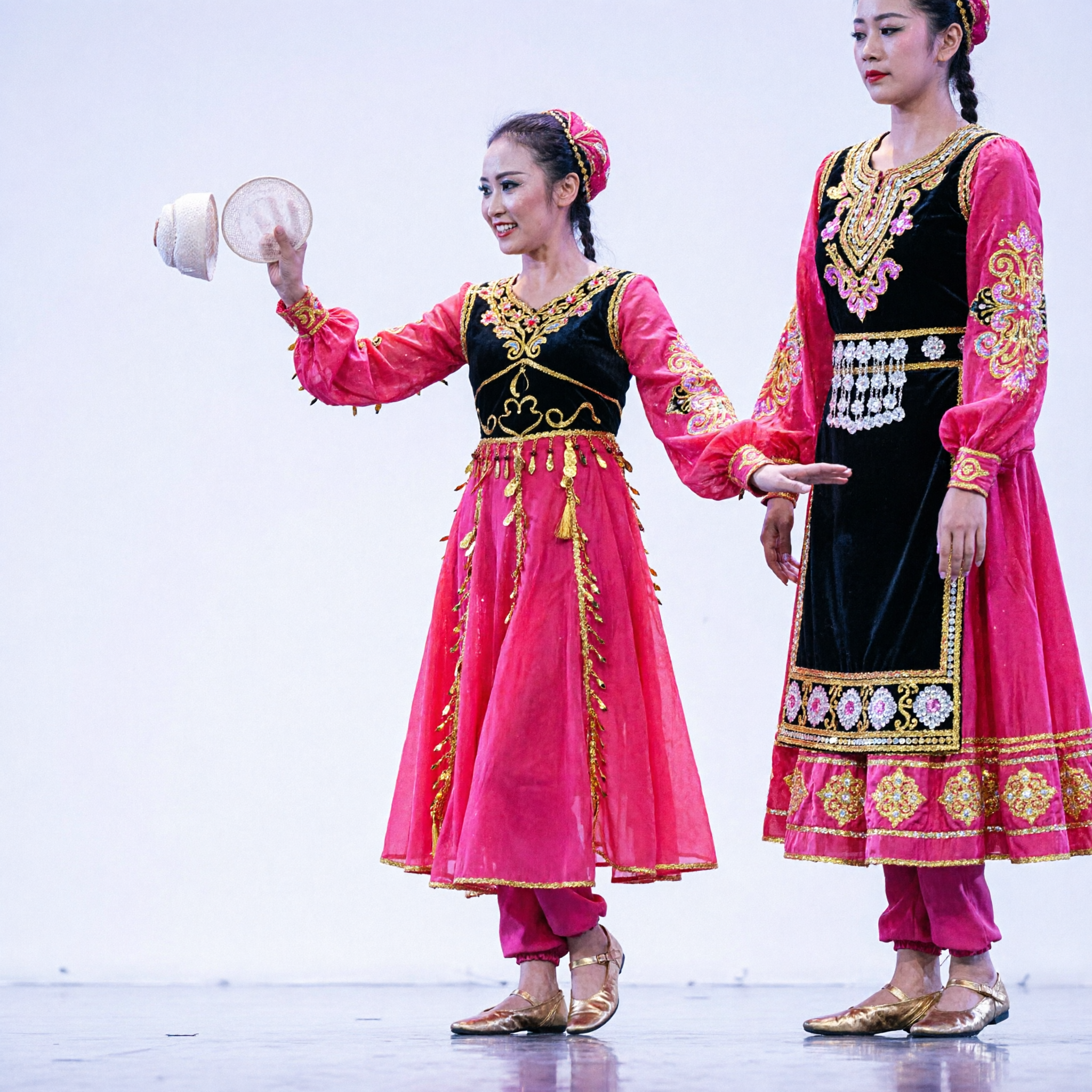 Traditional Chinese Xinjiang Uyghur Folk Dance Costume for Women Pink Stage Performance Dress Set