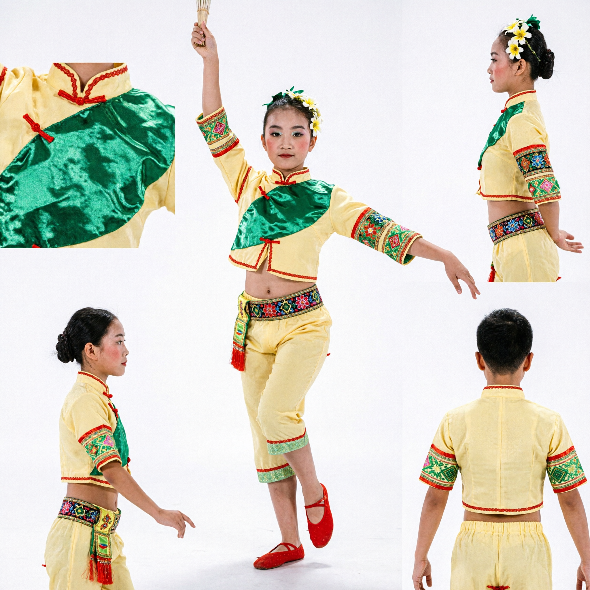 Girls Chinese Folk Dance Costume Yellow Green Leaf Pattern Top and Trousers for Stage Performance Competition