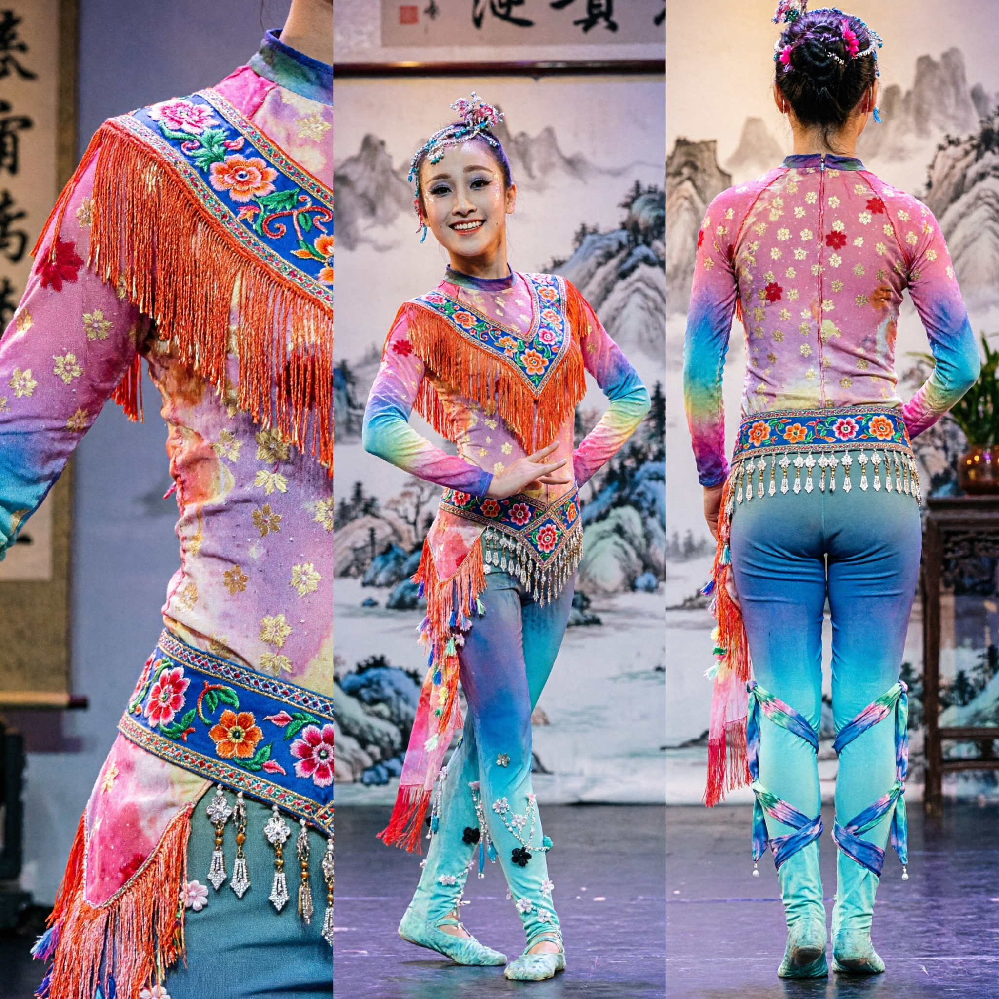 Professional Chinese Dance Costume for Girls Colorful Gradient Ruffle Leotard Ethnic Stage Performance Wear