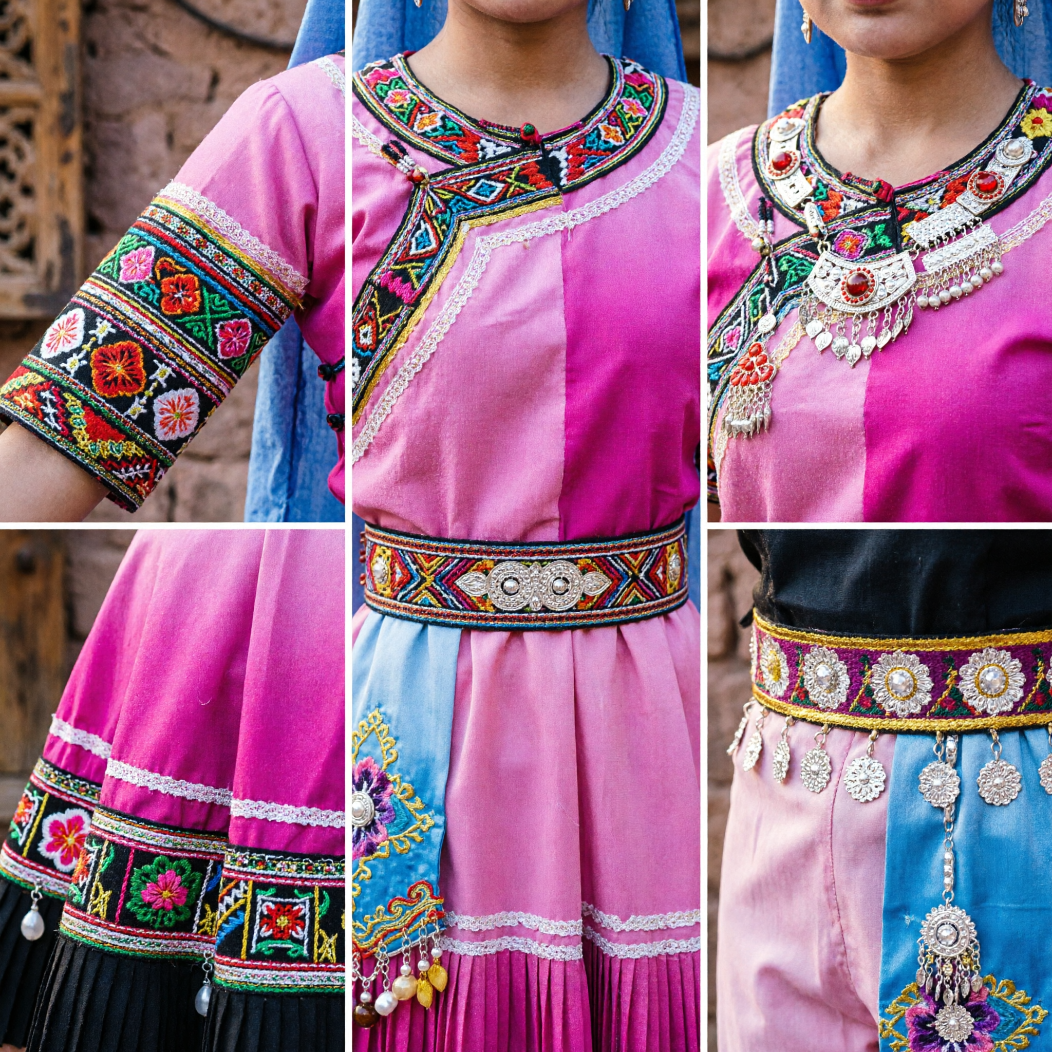 Girls Chinese Traditional Folk Dance Costume Pink Sequin Top and Skirt for Stage Performance