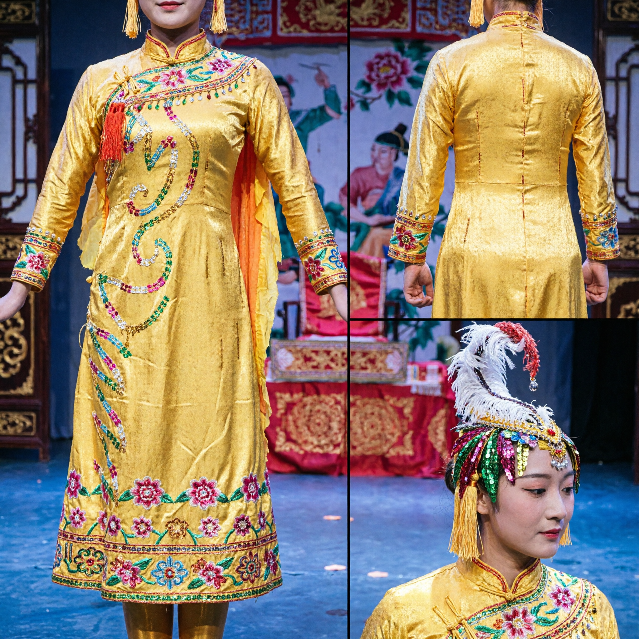 Professional Yellow Traditional Chinese Folk Dance Costume for Women Sequined Stage Performance Dress with Headpiece