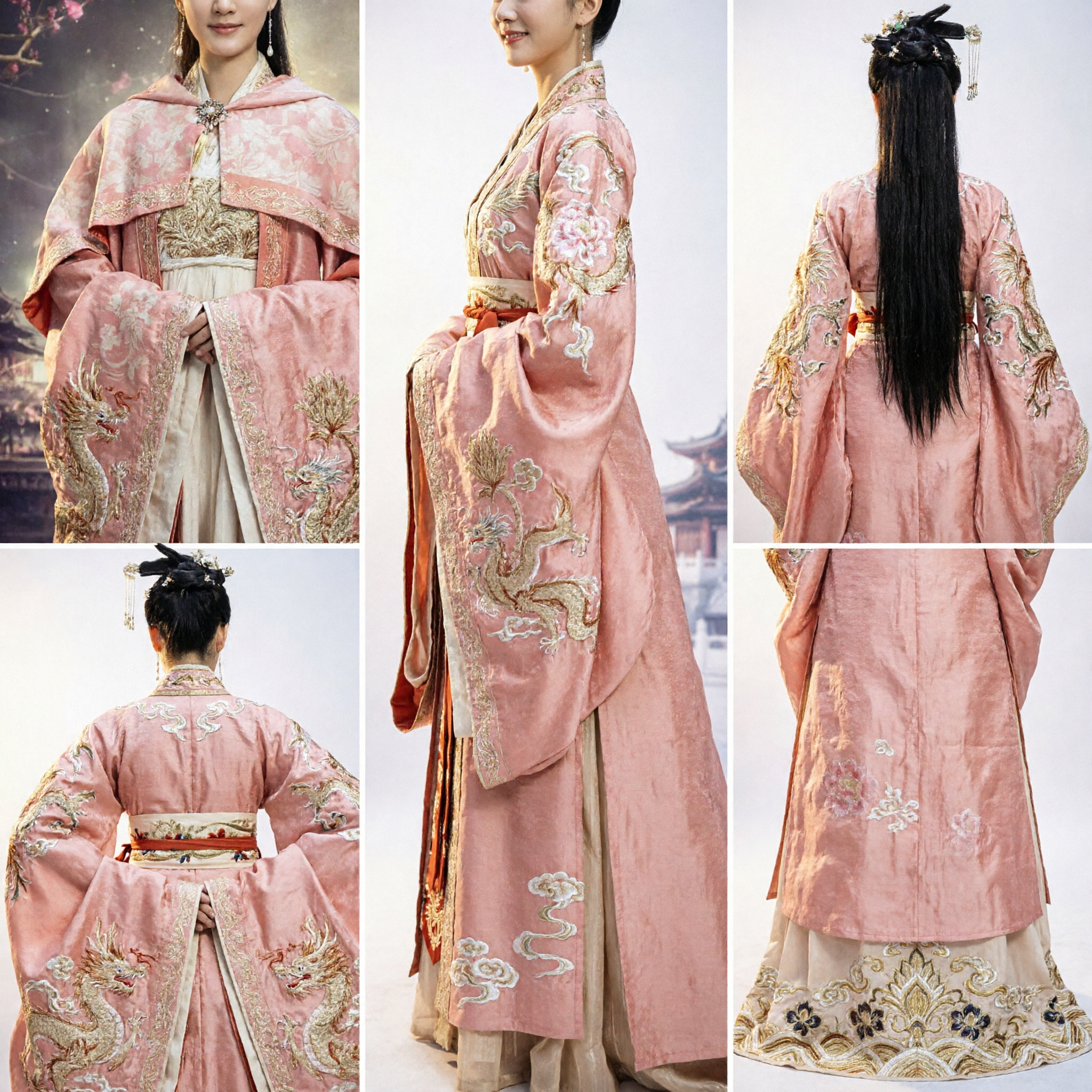 Ancient Chinese Princess Hanfu Costume Pink Embroidered Cloak Cape Dress for Women Cosplay