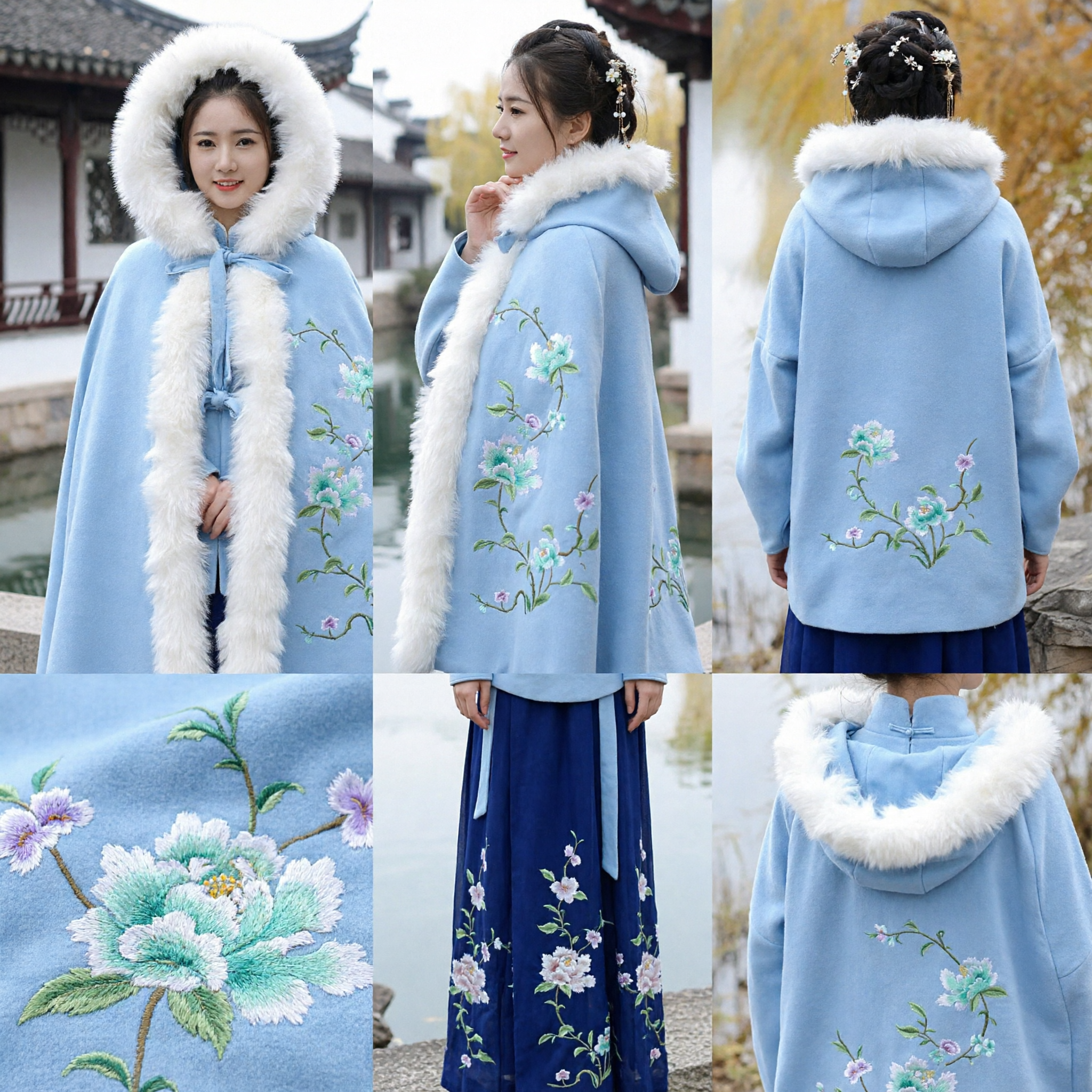 Traditional Chinese Hanfu Winter Cloak Blue Wool Cape with White Fur Trim and Floral Embroidery for Women