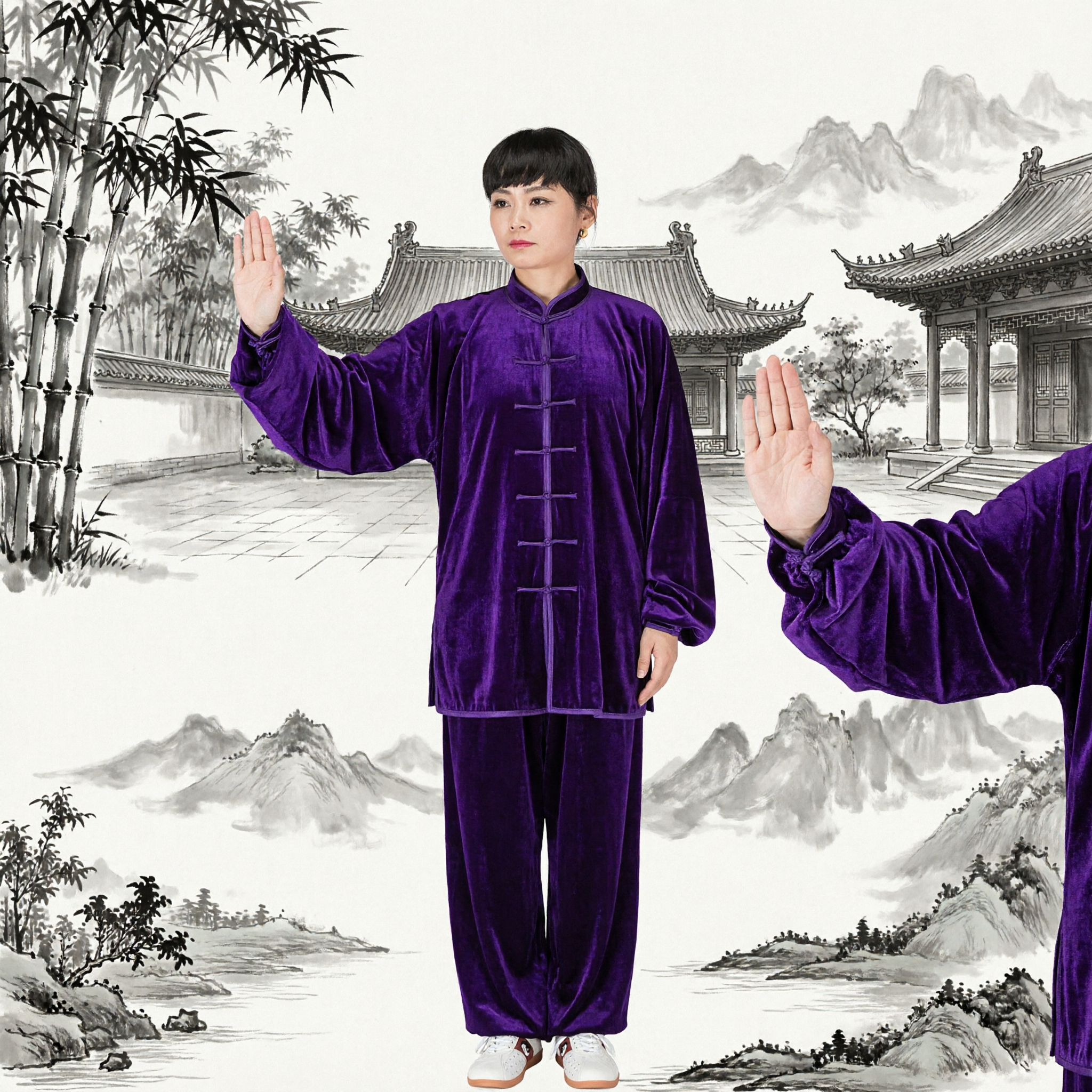 Women's Purple Velvet Tai Chi Uniform Traditional Kung Fu Suit with Mandarin Collar for Martial Arts Practice