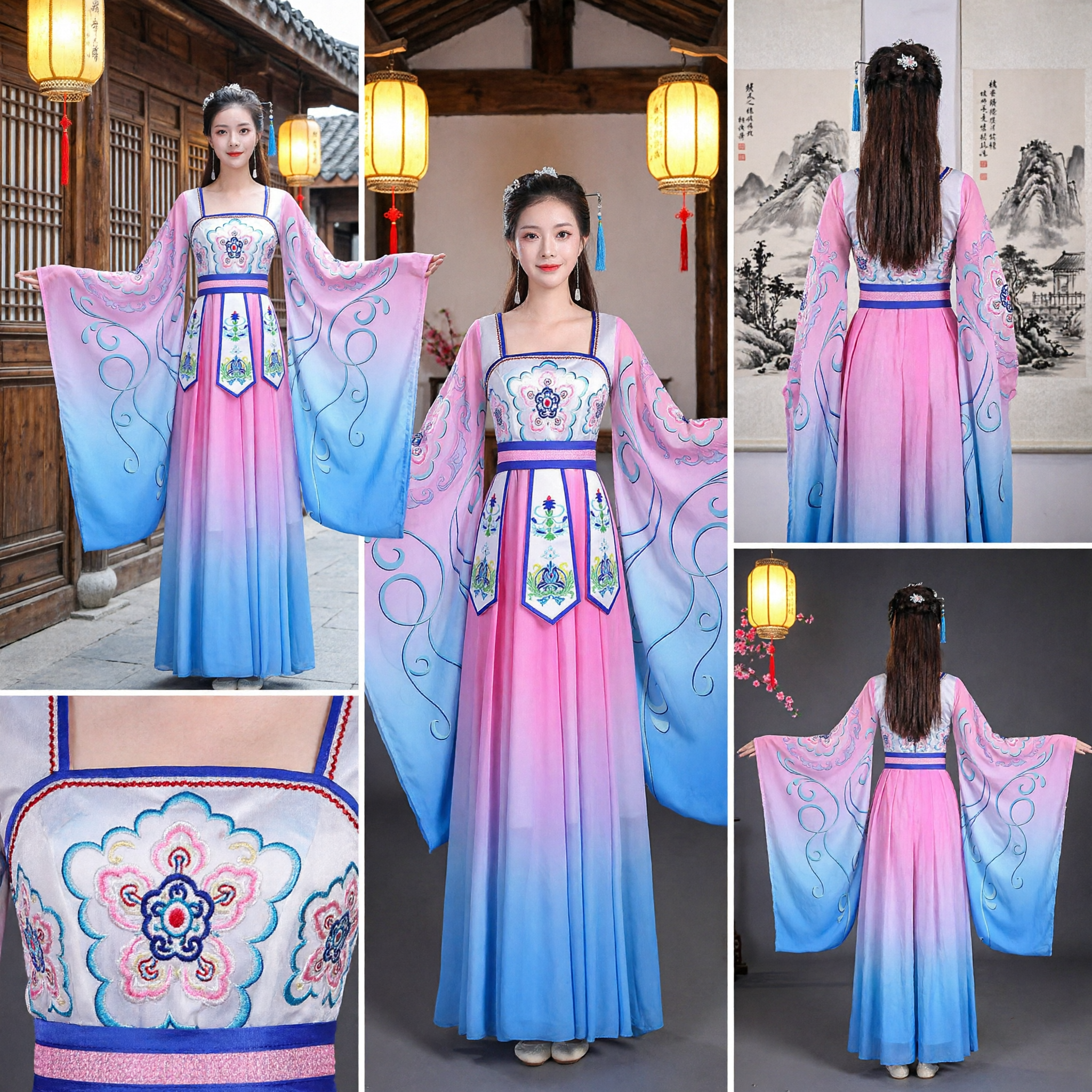 Elegant Ancient Chinese Hanfu Pink Blue Gradient Fairy Dress for Traditional Dance Stage Performance