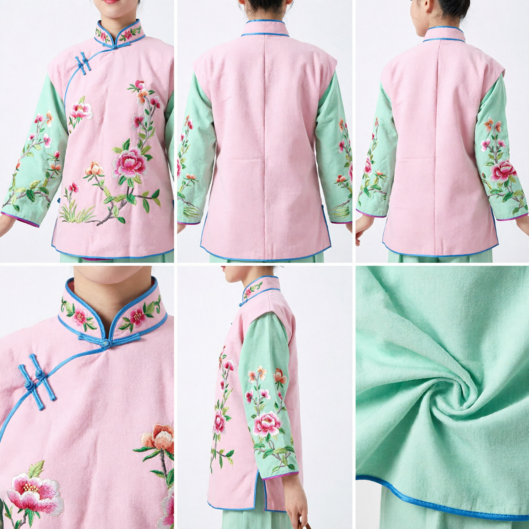 Chinese Traditional Qing Dynasty Manchu Costume Pink and Green Floral Embroidery Robe for Women Stage Performance