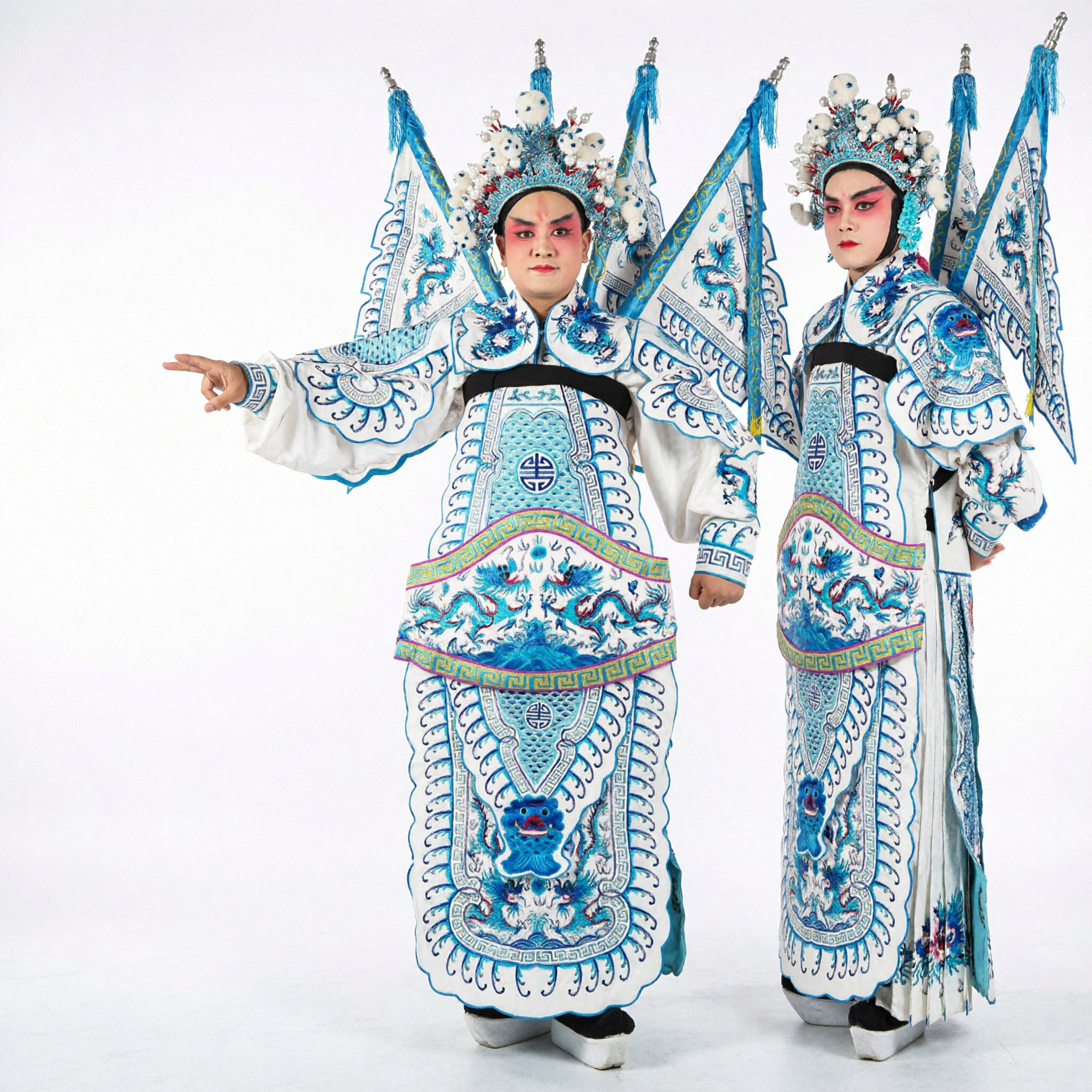 Traditional Chinese Peking Opera General Blue Embroidered Armor Costume with Back Flags for Men Stage Performance