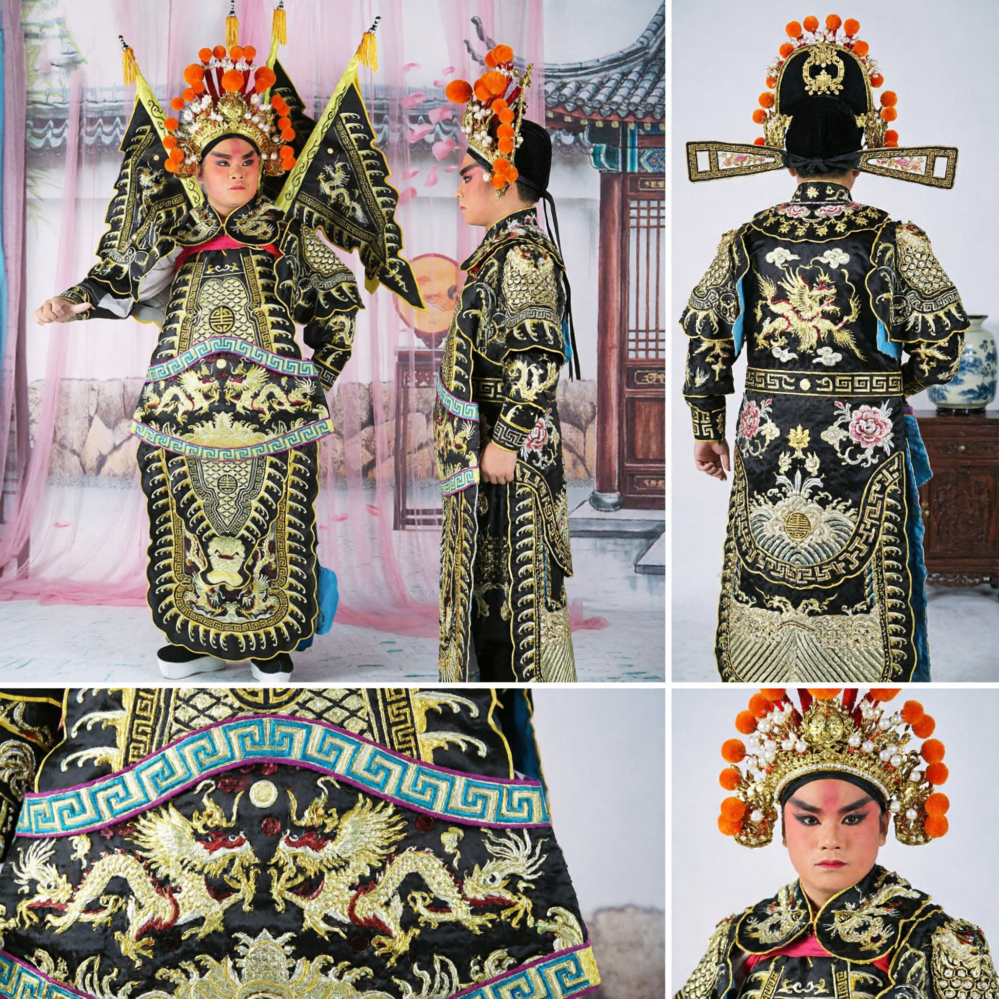 Traditional Chinese Peking Opera General Armor Costume Black Dragon Embroidery Wusheng Stage Performance Outfit Set