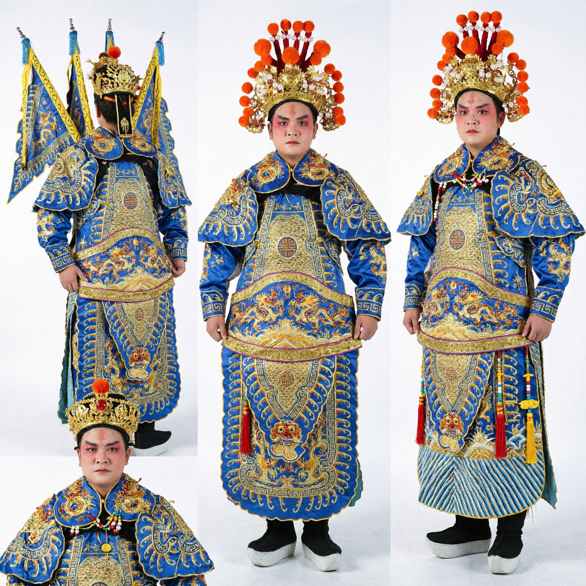 Professional Chinese Peking Opera General Costume Blue Dragon Embroidery Armor with Flags for Stage Performance
