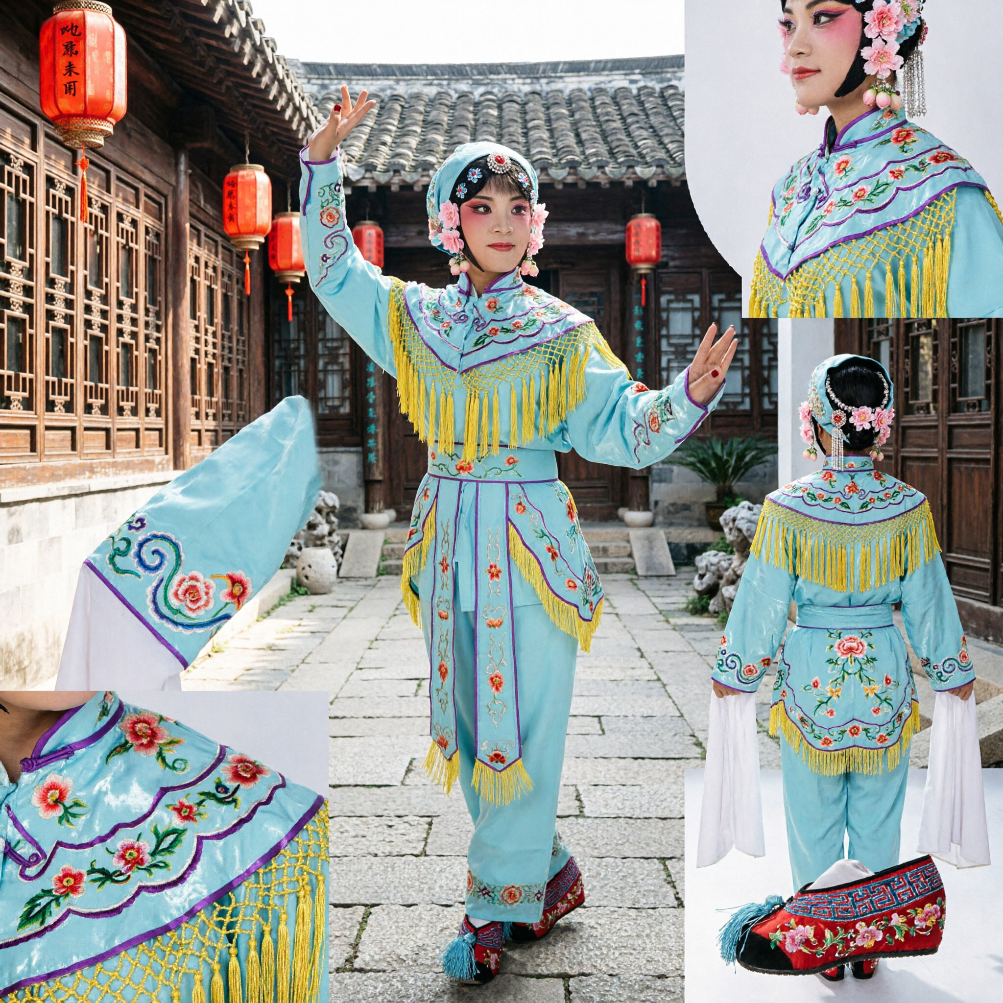 Traditional Chinese Peking Opera Costume Blue Embroidered Martial Female Warrior Outfit with Tassels for Stage Performance