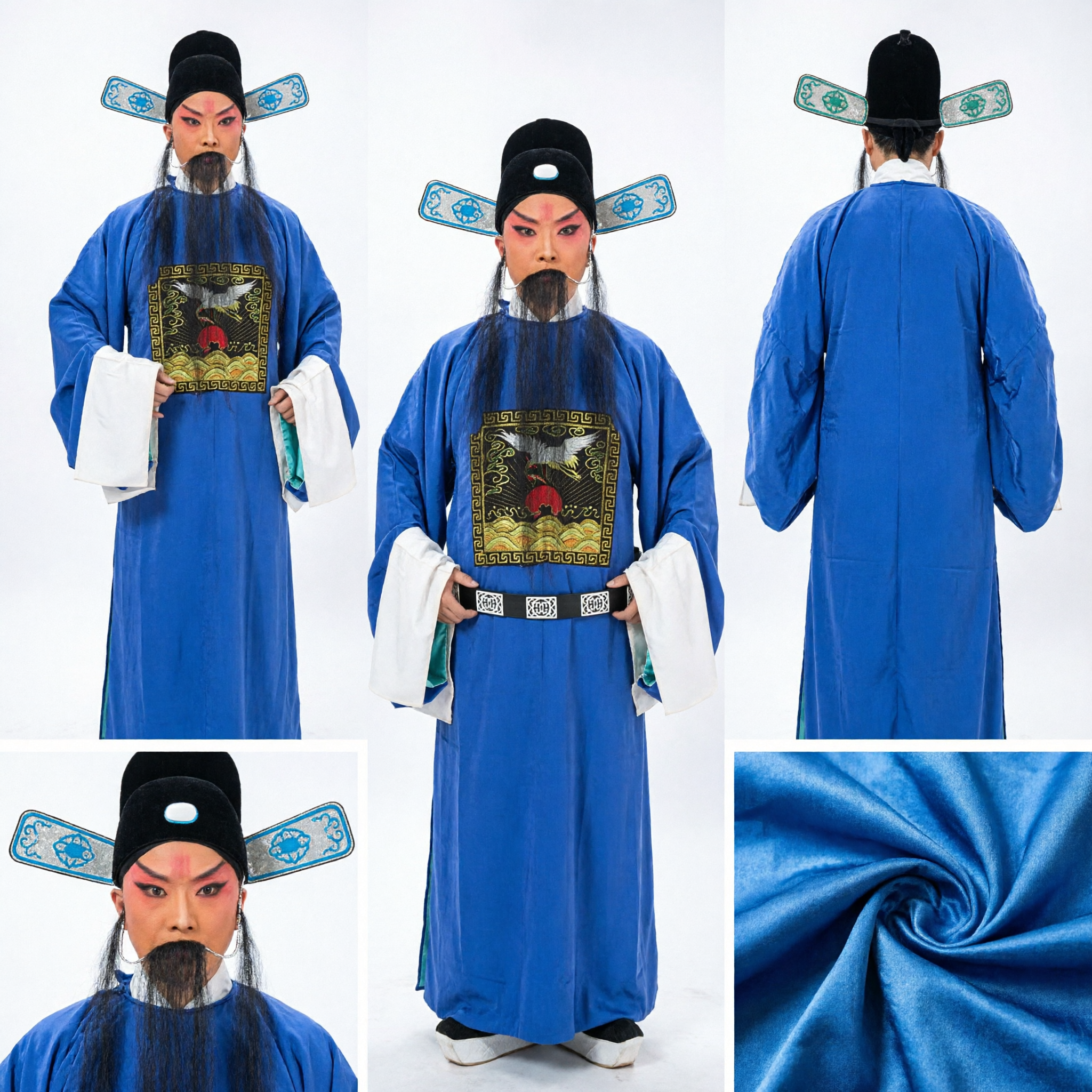 Traditional Chinese Peking Opera Blue Official Robe Costume with Rank Badge and Hat for Laosheng Role