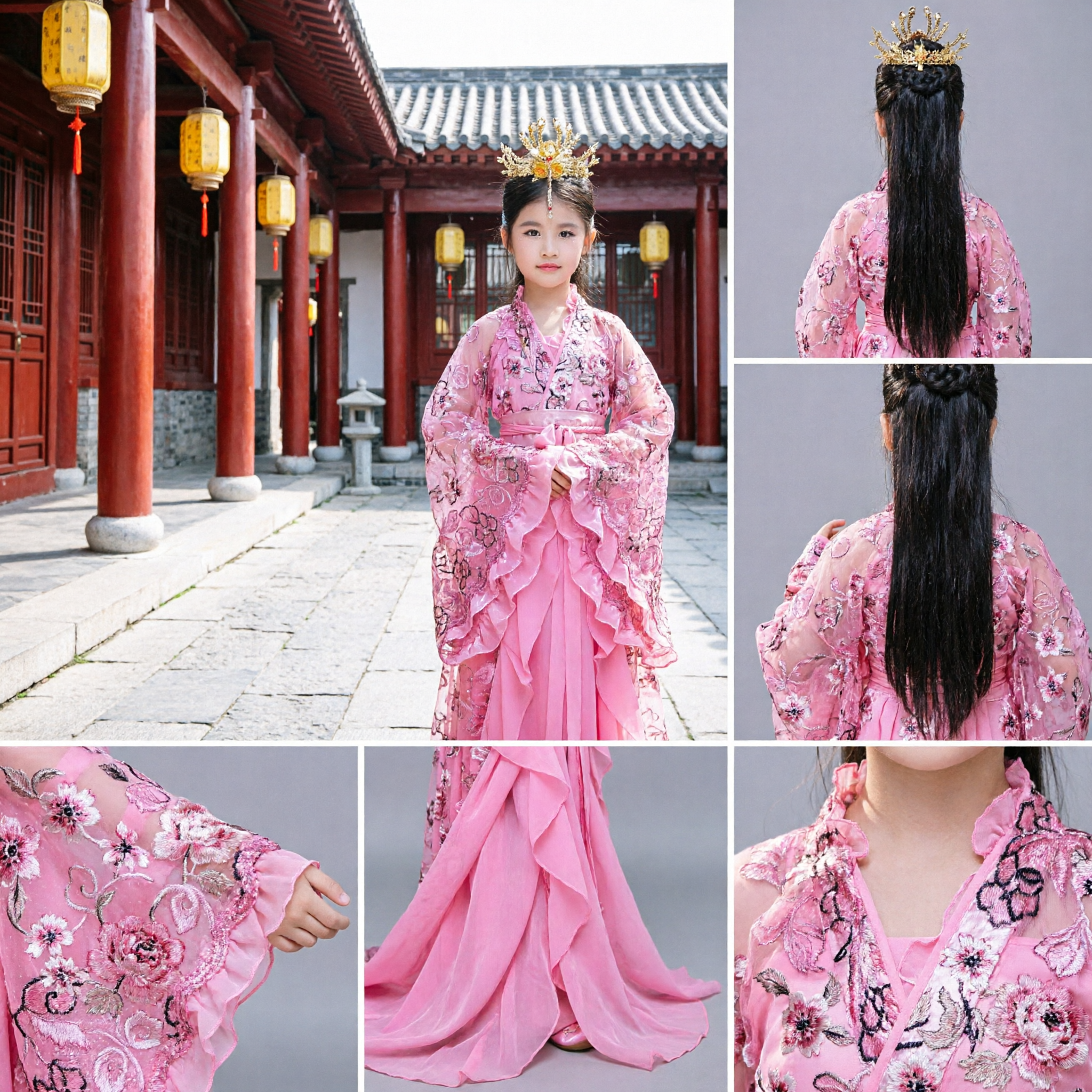 Girls Traditional Chinese Hanfu Costume Pink Ancient Fairy Princess Dress Kids Embroidery Performance Outfit