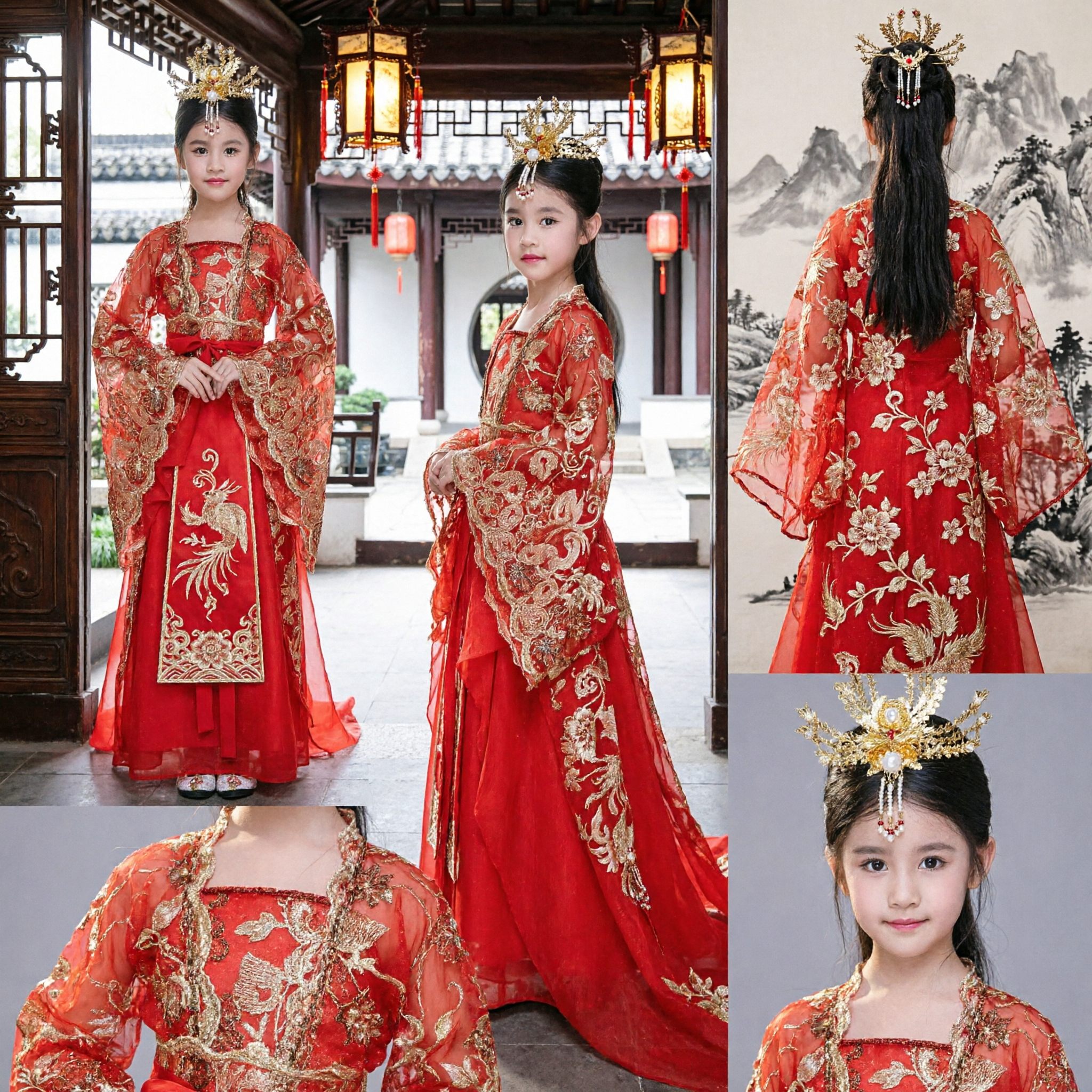 Traditional Chinese Red Hanfu Princess Dress for Girls Kids Ancient Wedding Flower Girl Costume with Gold Embroidery