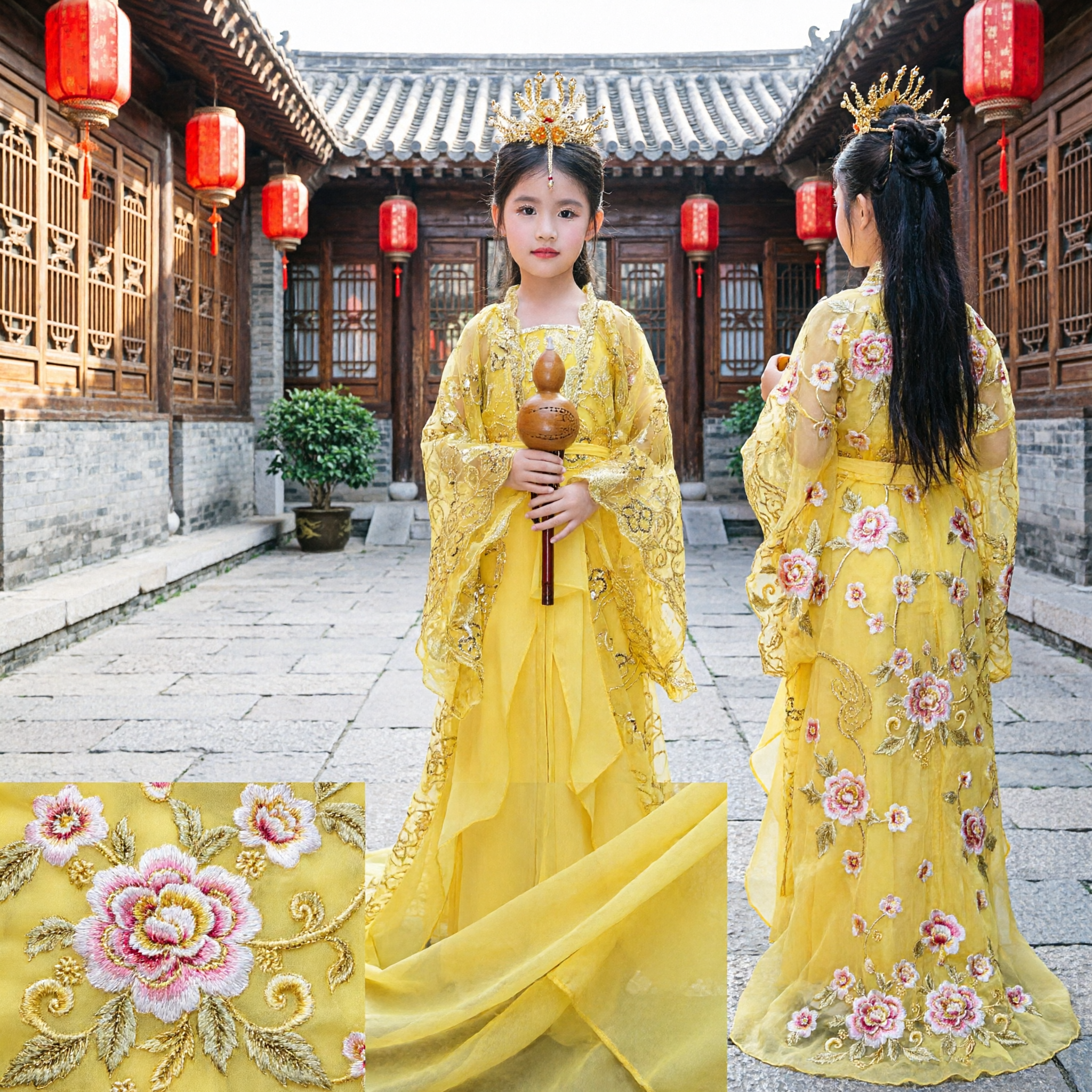 Girls Traditional Chinese Yellow Fairy Hanfu Costume Ancient Princess Dress for Kids Stage Performance