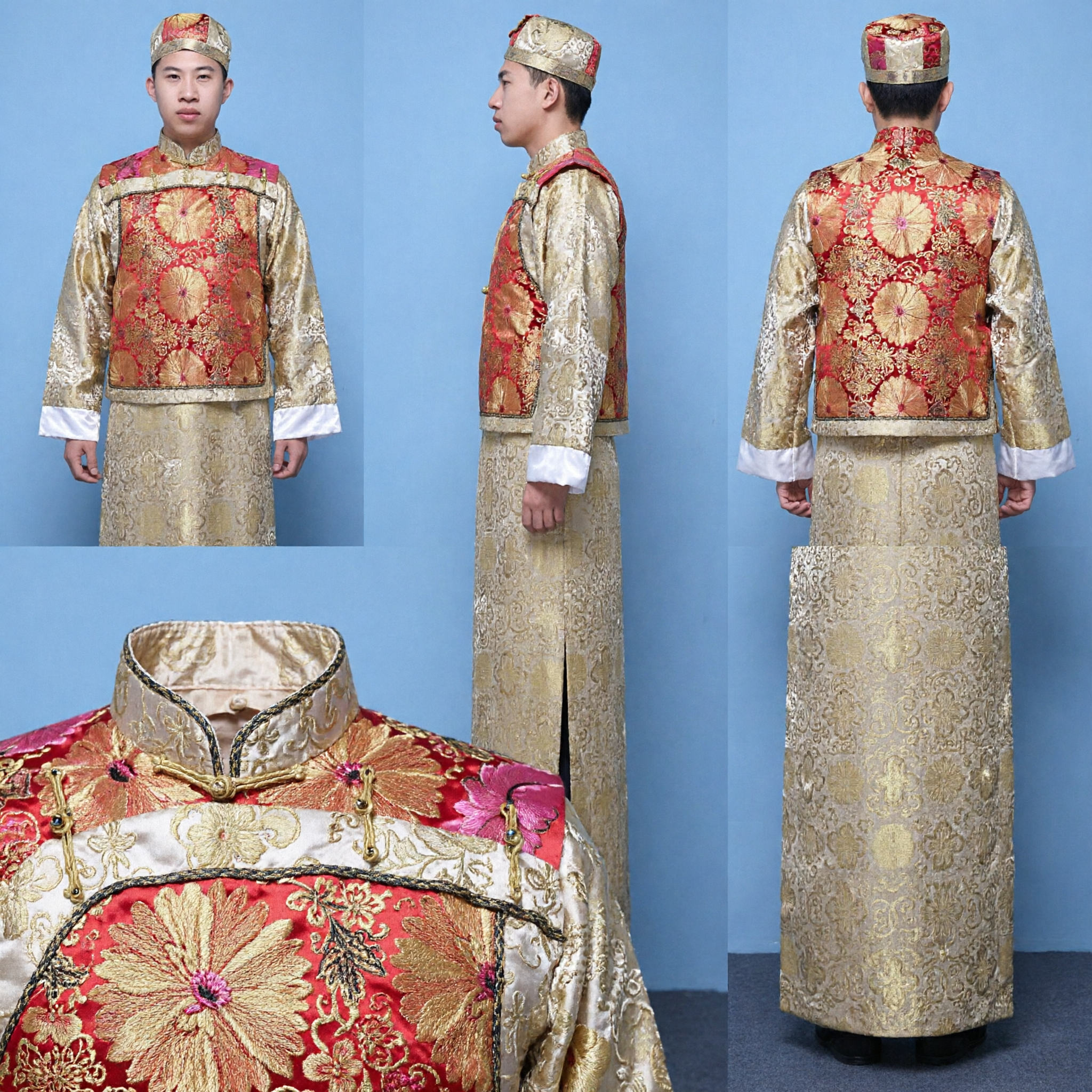 Traditional Chinese Men's Wedding Groom Costume Qing Dynasty Gold Brocade Changshan Tang Suit Ancient Clothing