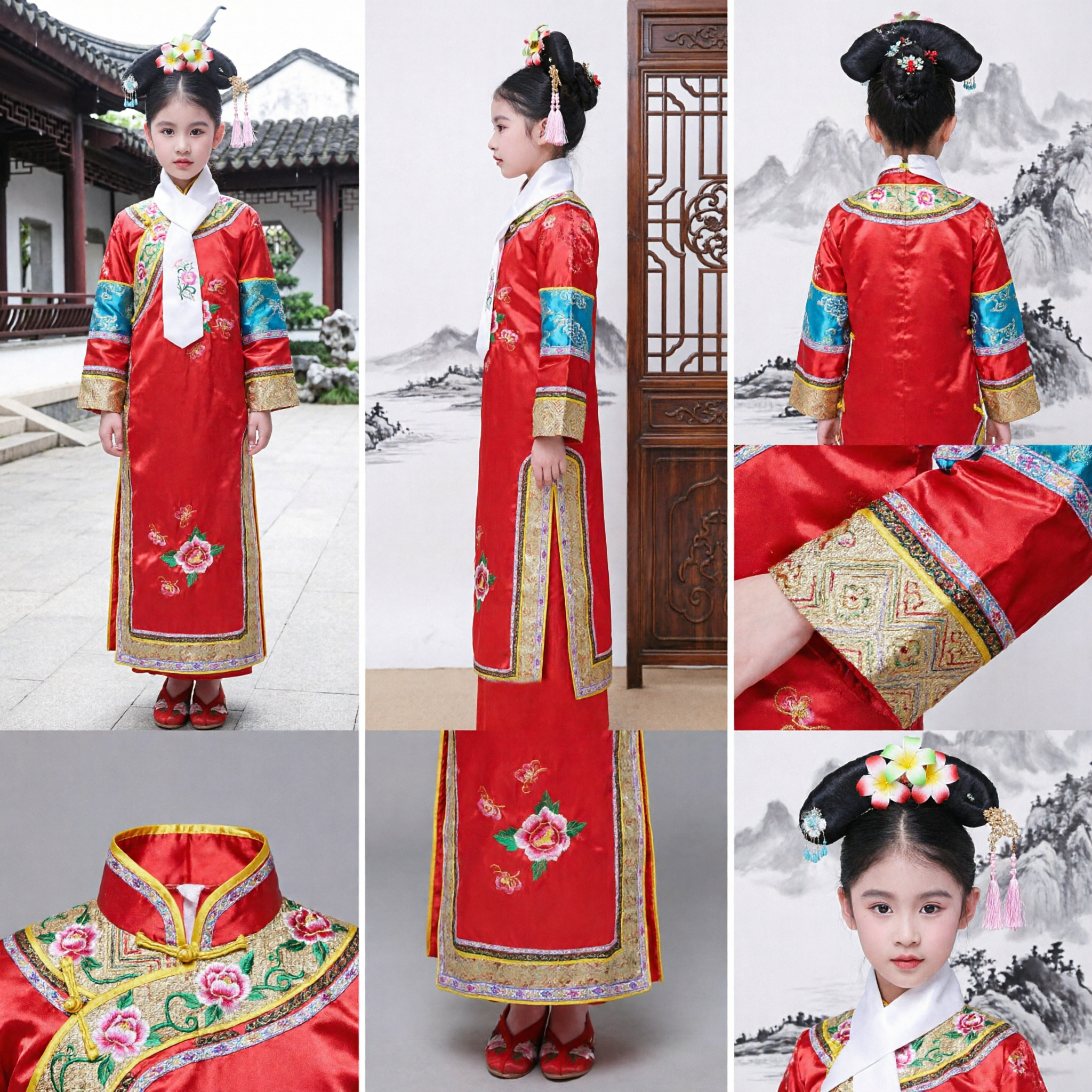 Traditional Chinese Qing Dynasty Manchu Princess Costume Red Embroidered Qipao Dress for Girls Ancient Gege Festival