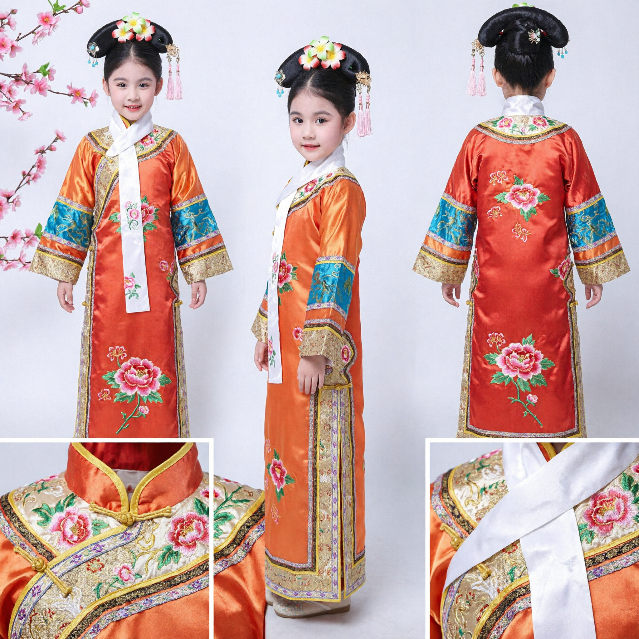 Kids Girls Chinese Traditional Qing Dynasty Princess Costume Orange Manchu Embroidered Robe for Halloween Cosplay