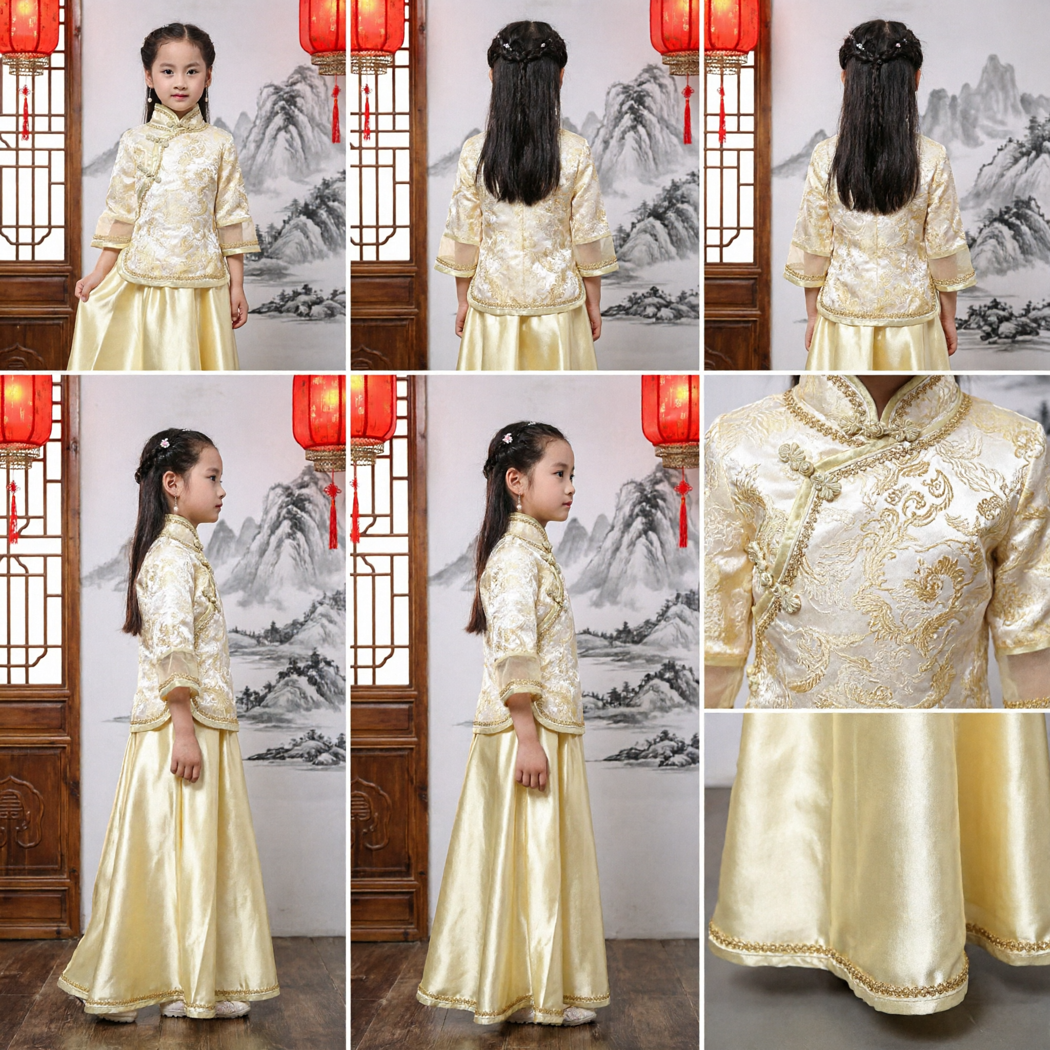 Girls Gold Traditional Chinese Qipao Dress Kids Cheongsam Tang Suit Two Piece Set for Wedding Festival