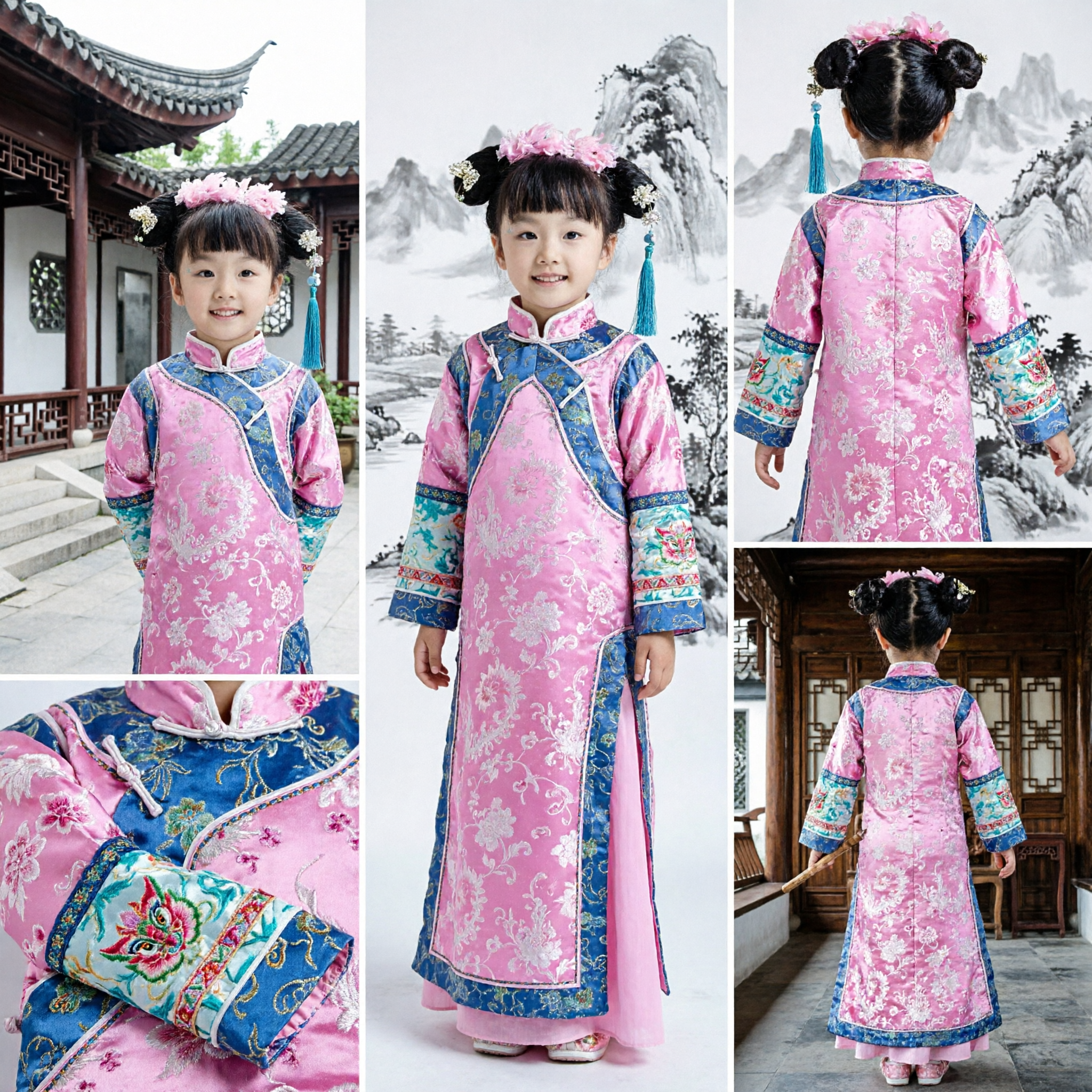 Kids Girls Traditional Chinese Pink Floral Qing Dynasty Palace Princess Costume for Dance Performance