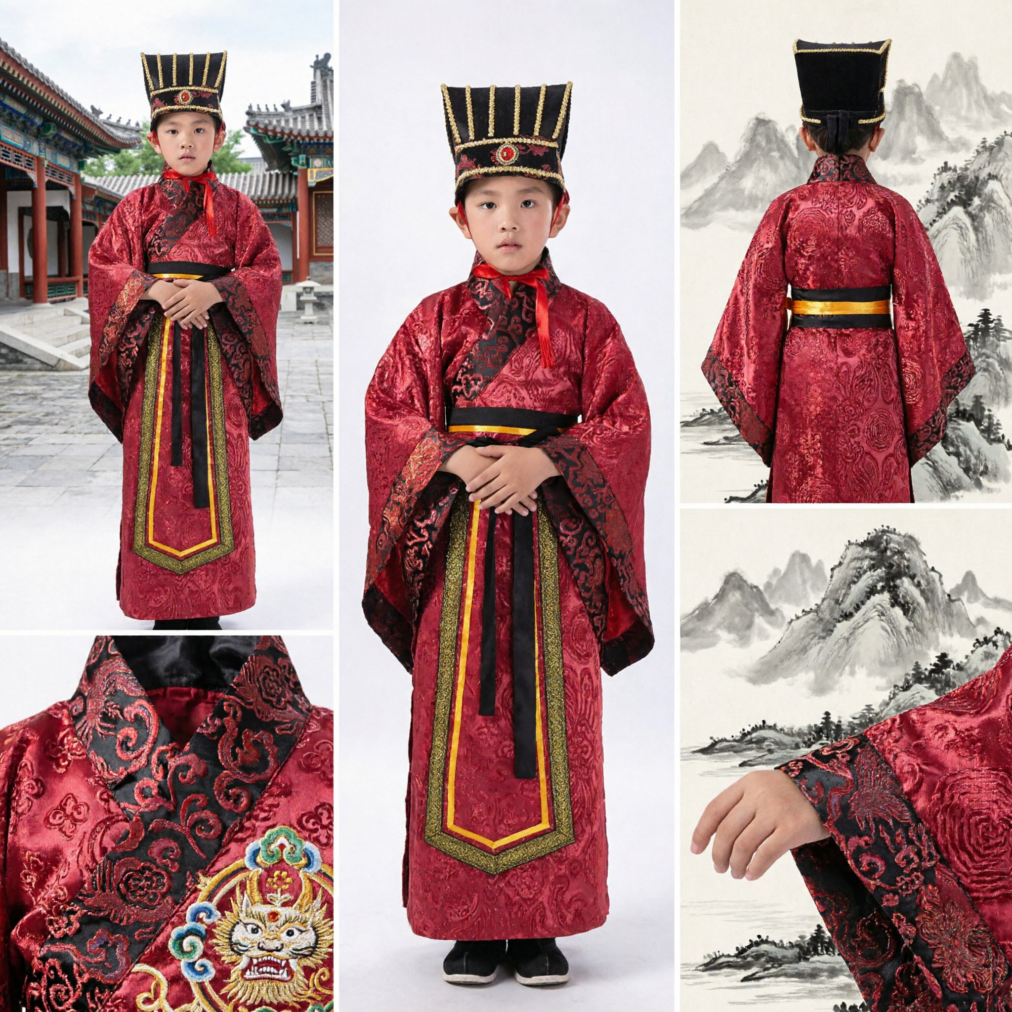 Traditional Chinese Hanfu Costume for Boys Ancient Scholar Red Robe Kids Cultural Performance Wear